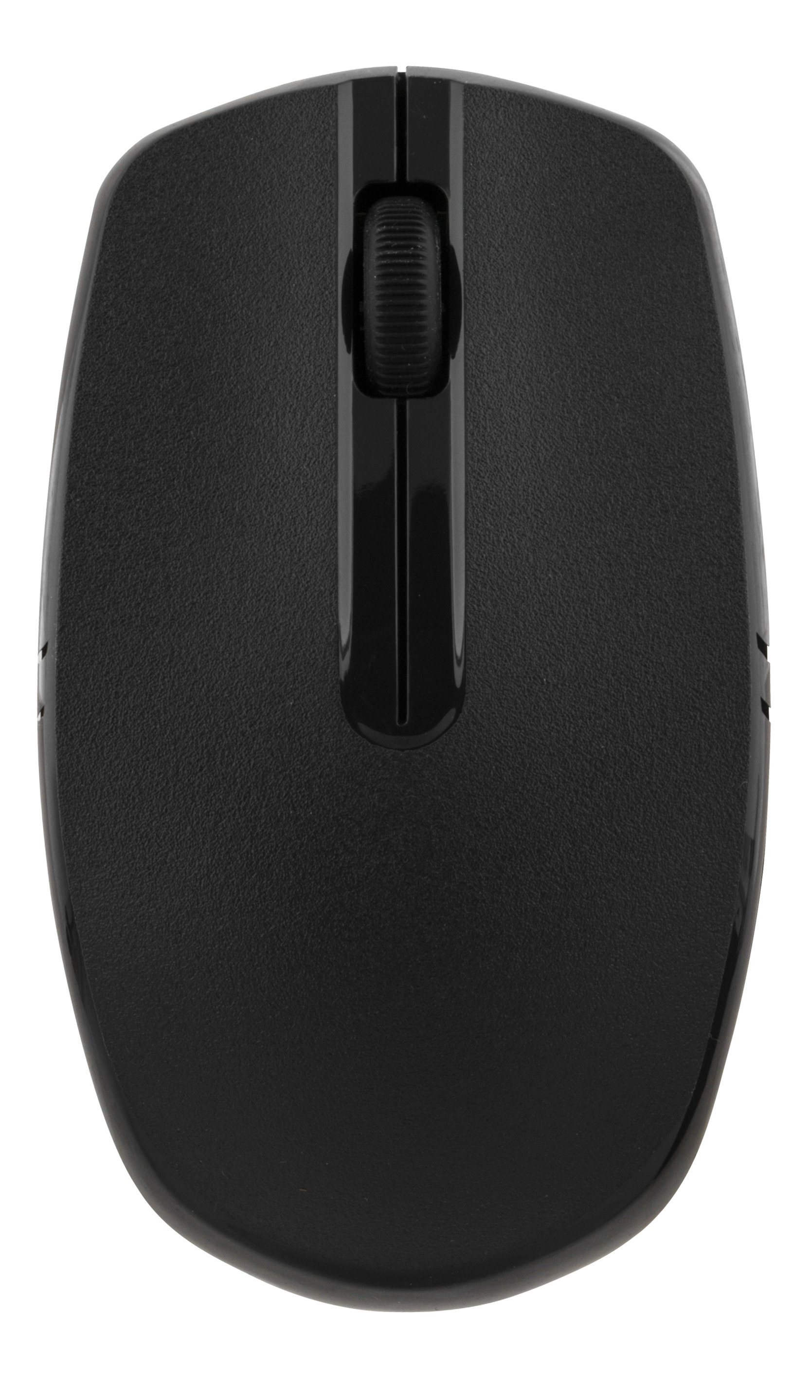 Mouse nero per computer su sfondo bianco, vista dall'alto.
