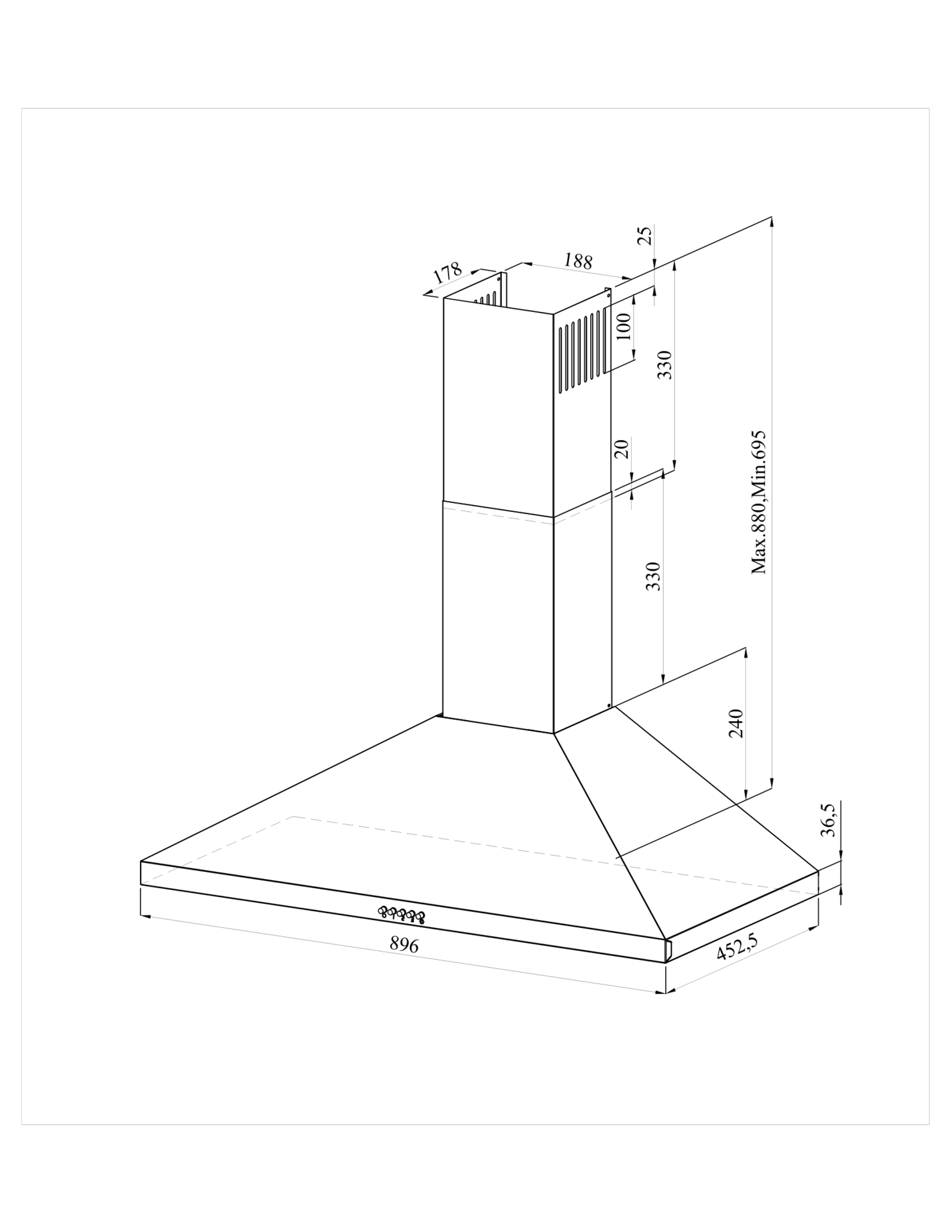 Diagram van een keukenafzuigkap met afmetingen. De kap is zilverkleurig, met een witte achtergrond.