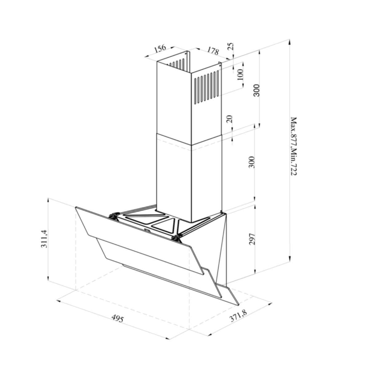 Dessin technique d'une hotte aspirante, avec mesures et dimensions étiquetées, style simple.