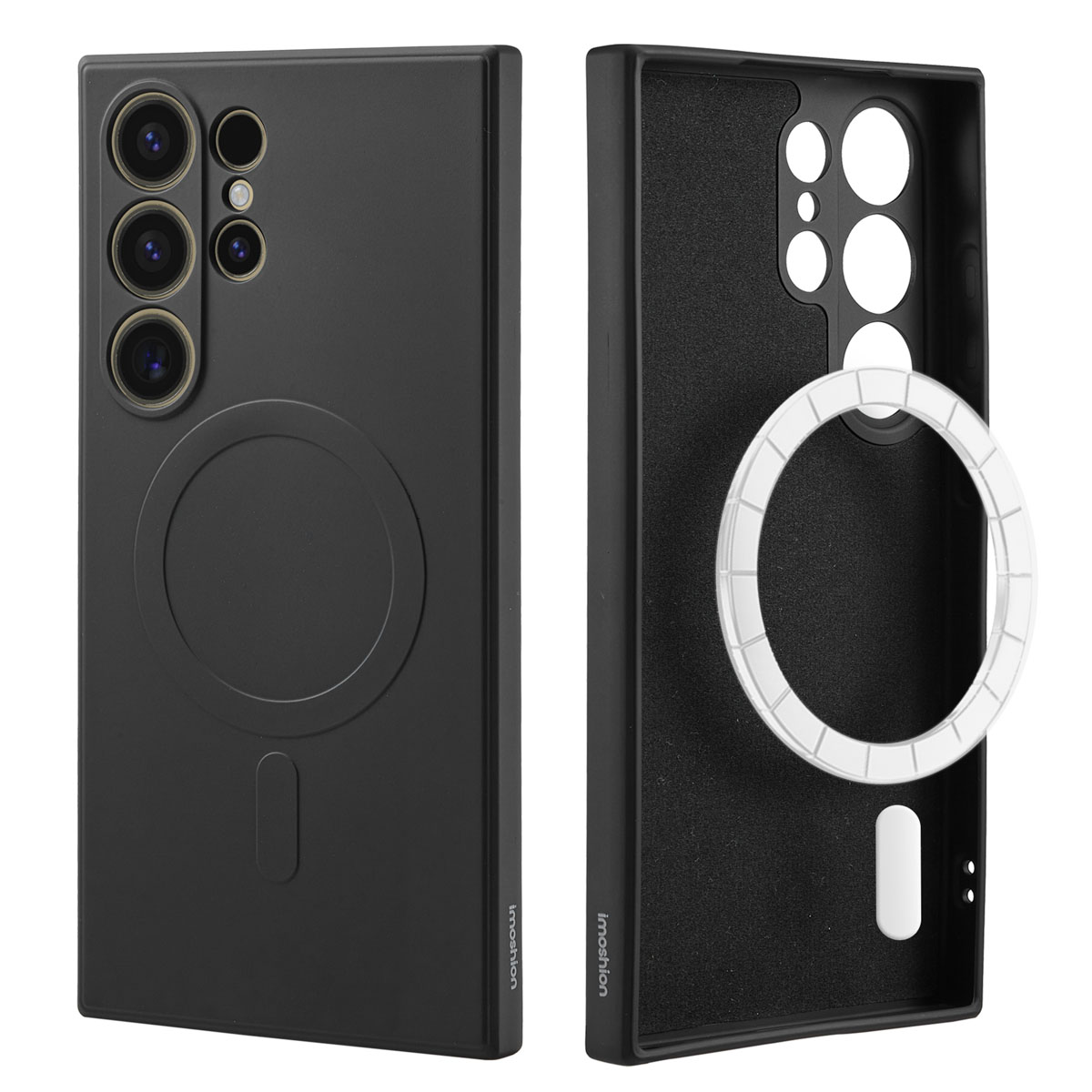 Coque de téléphone noire avec anneau magnétique. L'arrière et l'intérieur sont visibles. Ouverte.