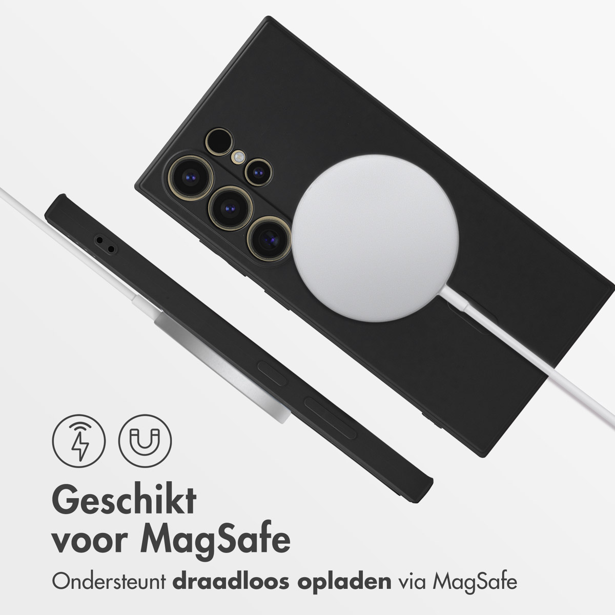 Un smartphone noir avec chargeur et câble MagSafe. Convient pour MagSafe.
