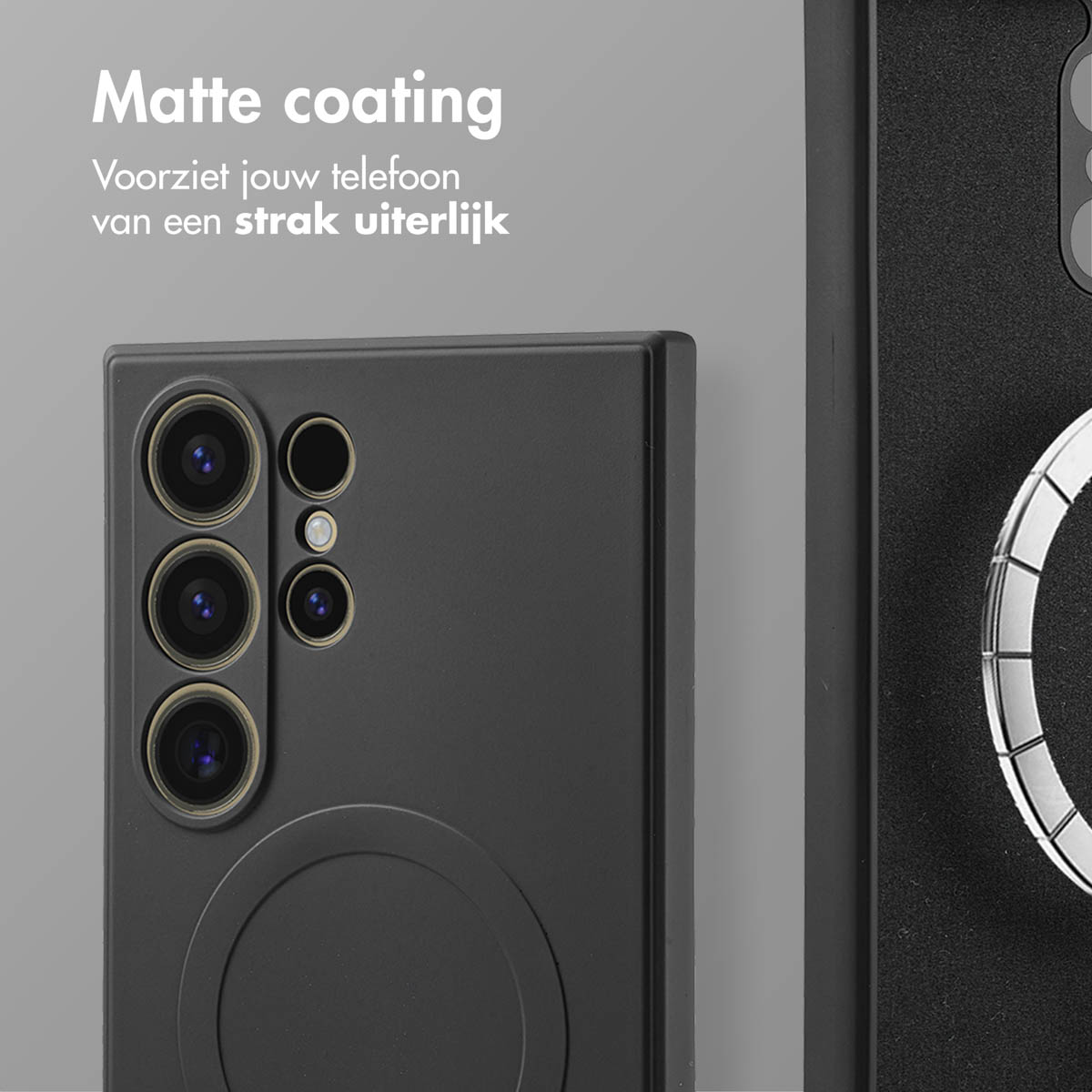 Coque de téléphone noire avec module caméra et support anneau.