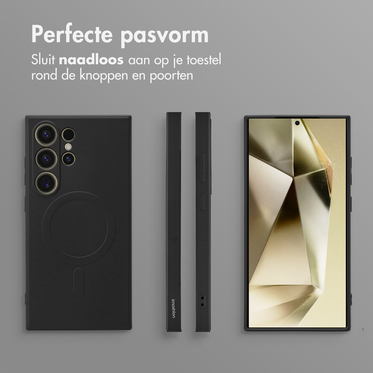 Coques de téléphone, noires, montrant l'arrière avec les caméras, le côté et l'avant. Le design est élégant et moderne.