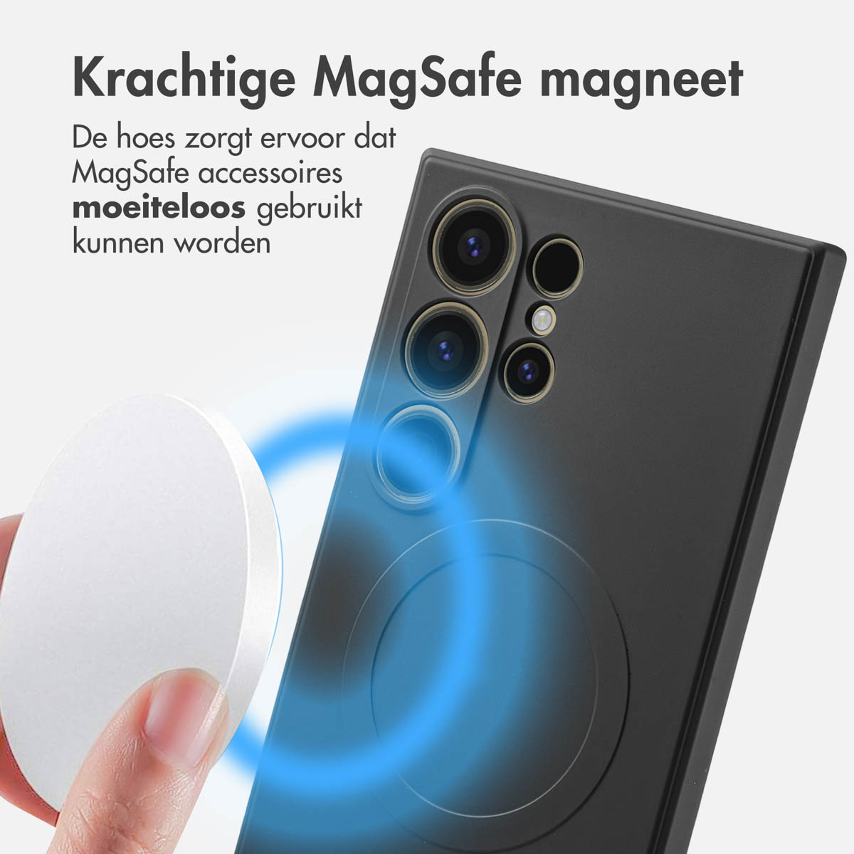 Une coque de téléphone et un disque magnétique blanc sont présentés. Le texte indique 'Aimant MagSafe puissant'. Une lueur bleue montre l'attraction.