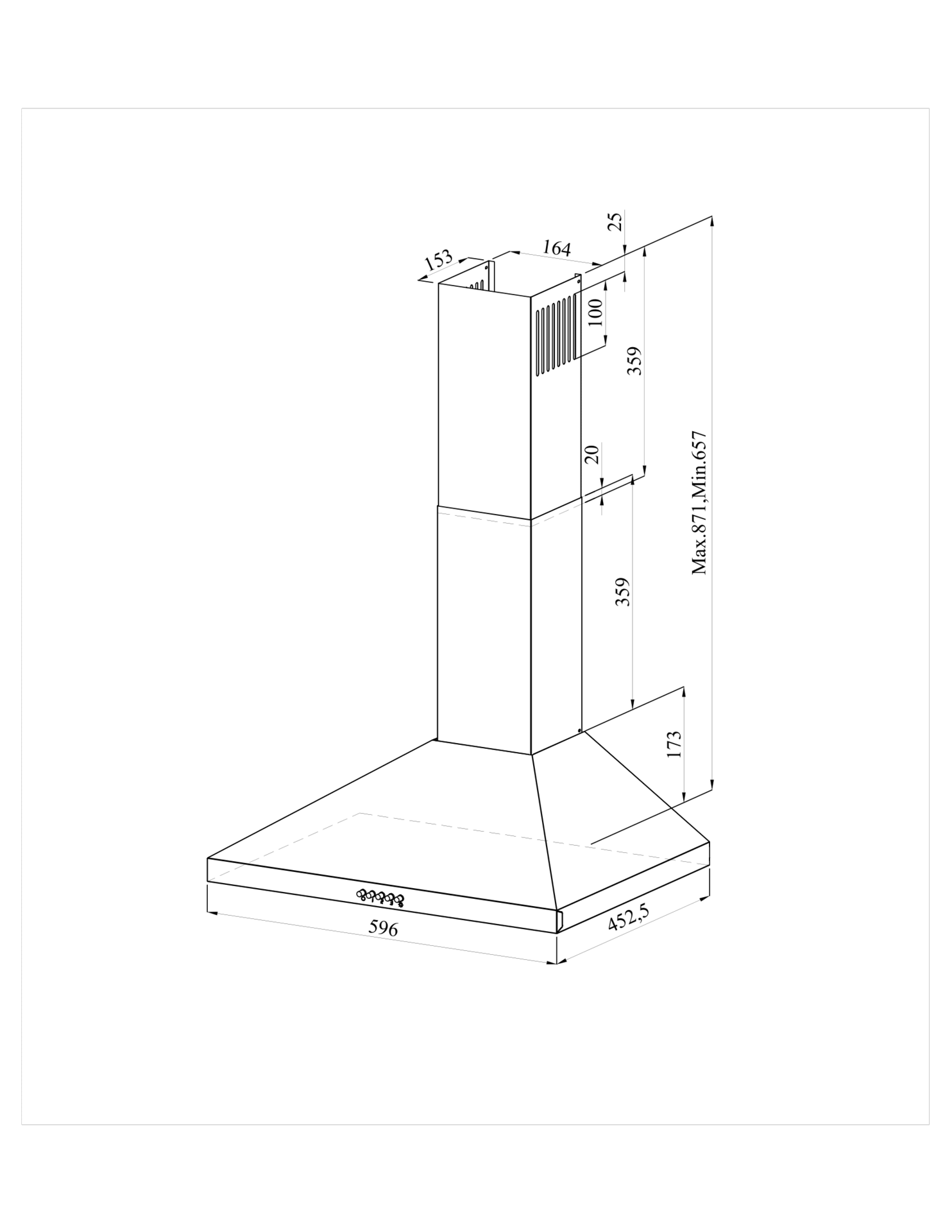 Technische tekening van een afzuigkap met afmetingen.