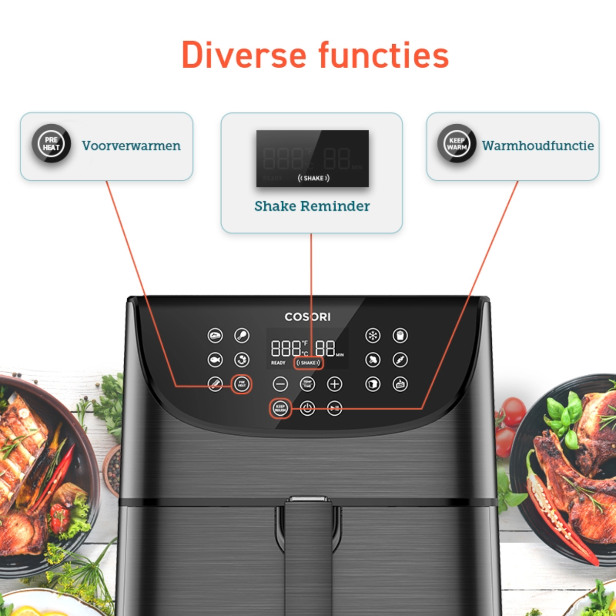 Freidora de aire negra con panel de control, más imágenes de alimentos y detalles de funciones.