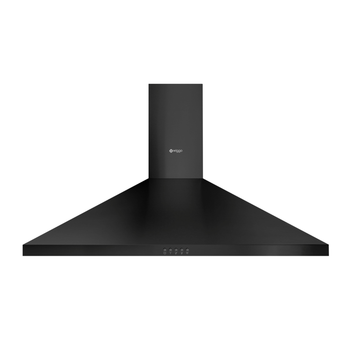 Une hotte de cuisine noire avec un logo au centre et un ensemble de boutons en bas.