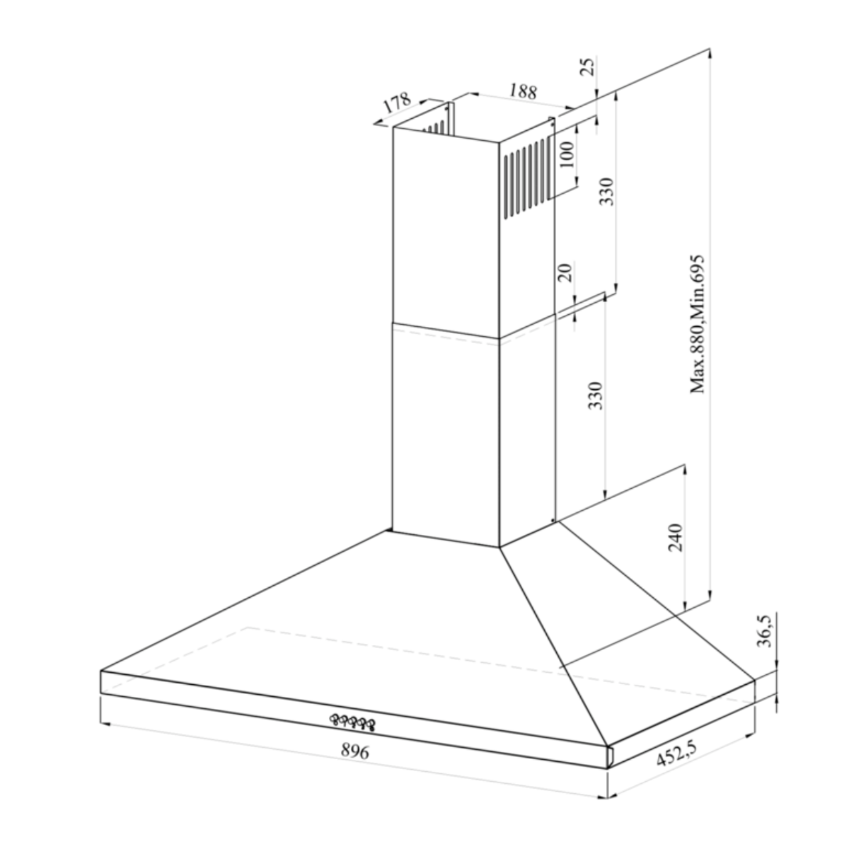 Schéma d'une hotte de cuisine avec dimensions. Il est blanc, montrant forme et mesures.