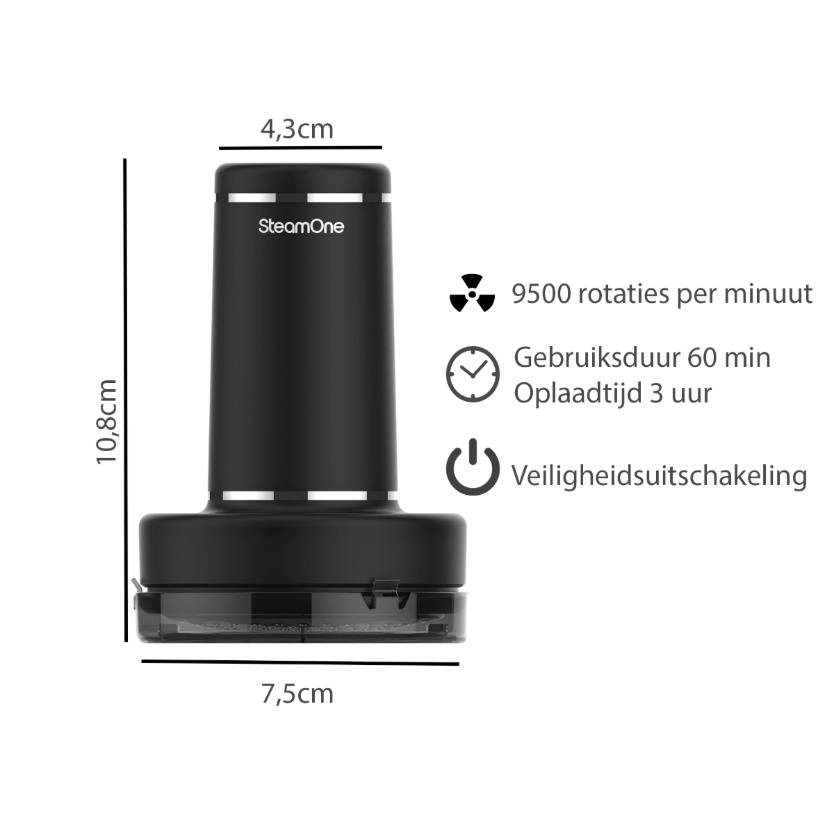 Appareil noir avec mesures : 10,8 cm de haut, 7,5 cm de large et 4,3 cm. Il y a du texte et des symboles.