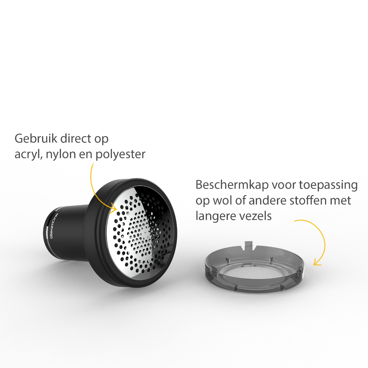 Un rasoir à tissu noir avec protection, texte en néerlandais.
