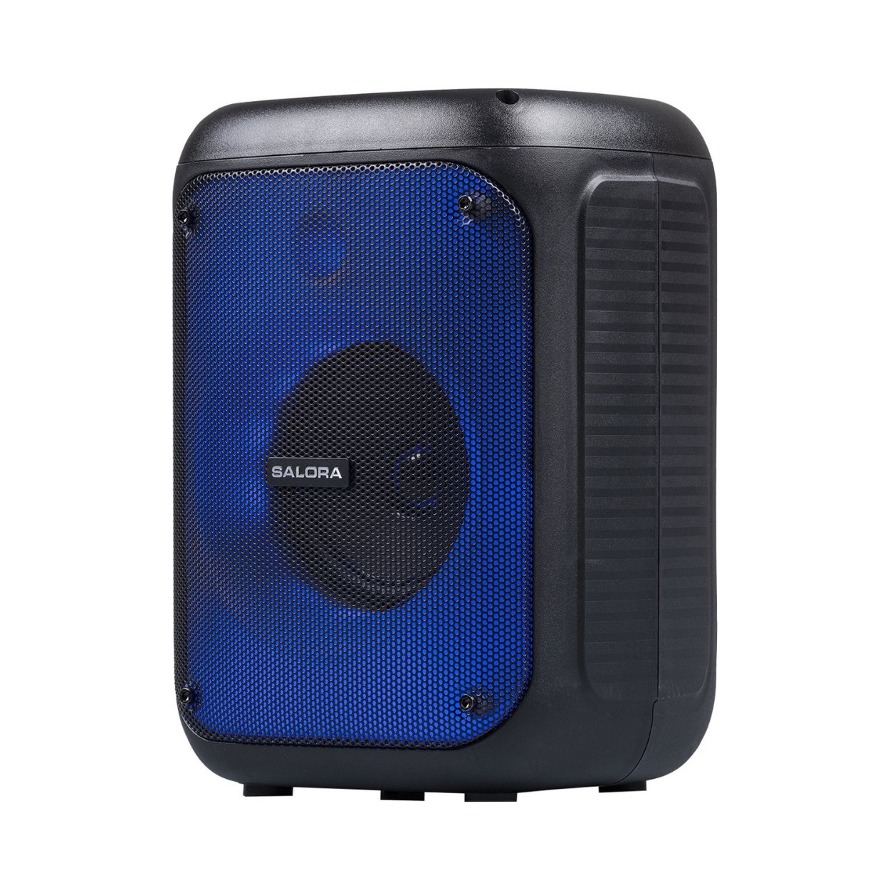Haut-parleur noir et bleu avec façade en mesh, la marque SALORA est visible.