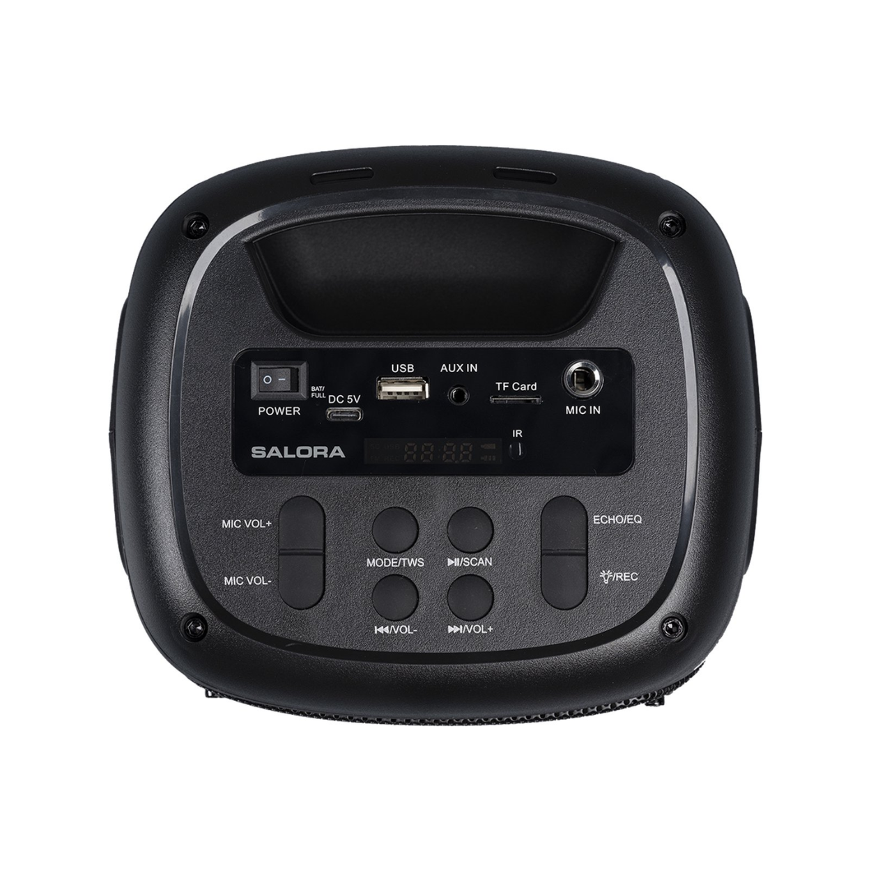 Un haut-parleur Salora noir avec des boutons, des ports USB, AUX et pour carte TF.