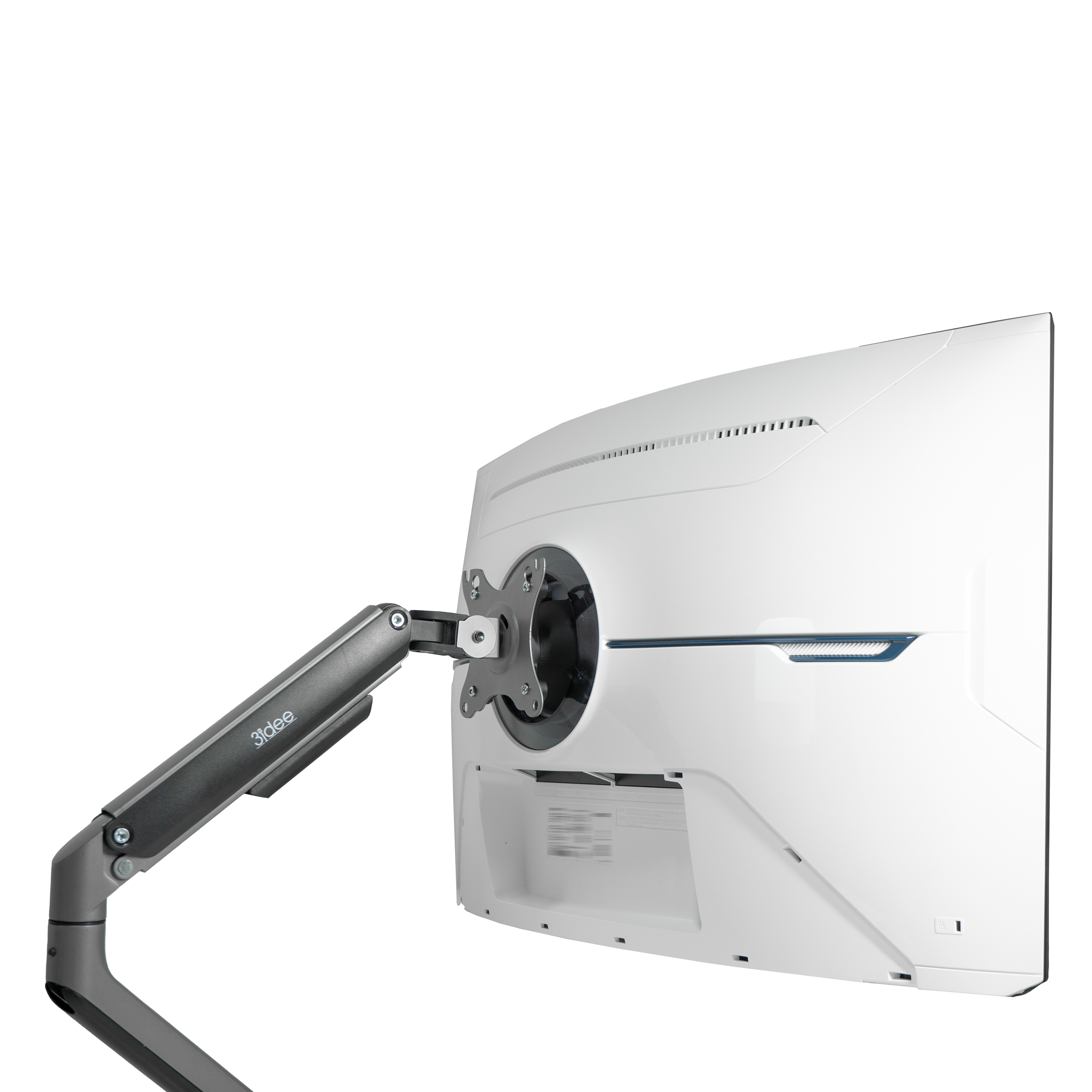 Computermonitor mit gewölbtem Bildschirm, montiert an einem grauen Gelenkarm.