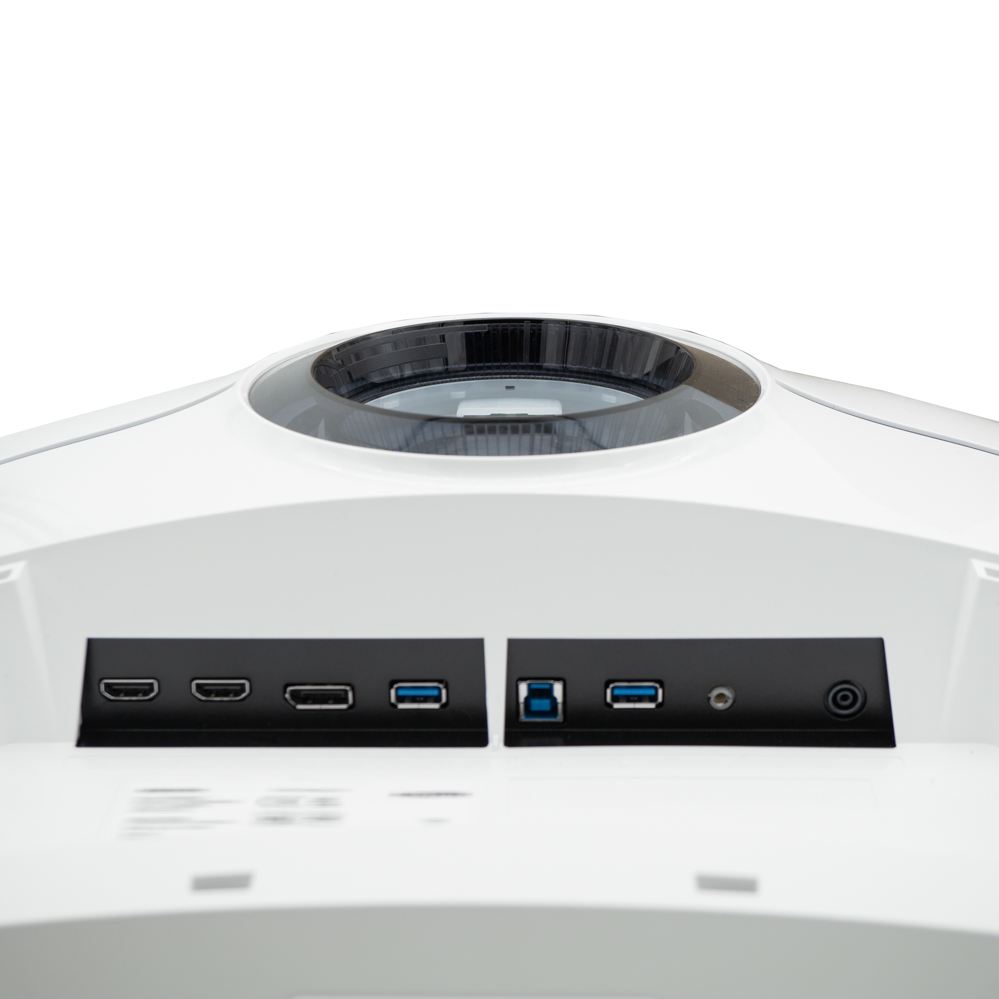 Rückseitige Anschlüsse eines weißen Monitors. Enthält HDMI-, USB- und Audioanschlüsse.