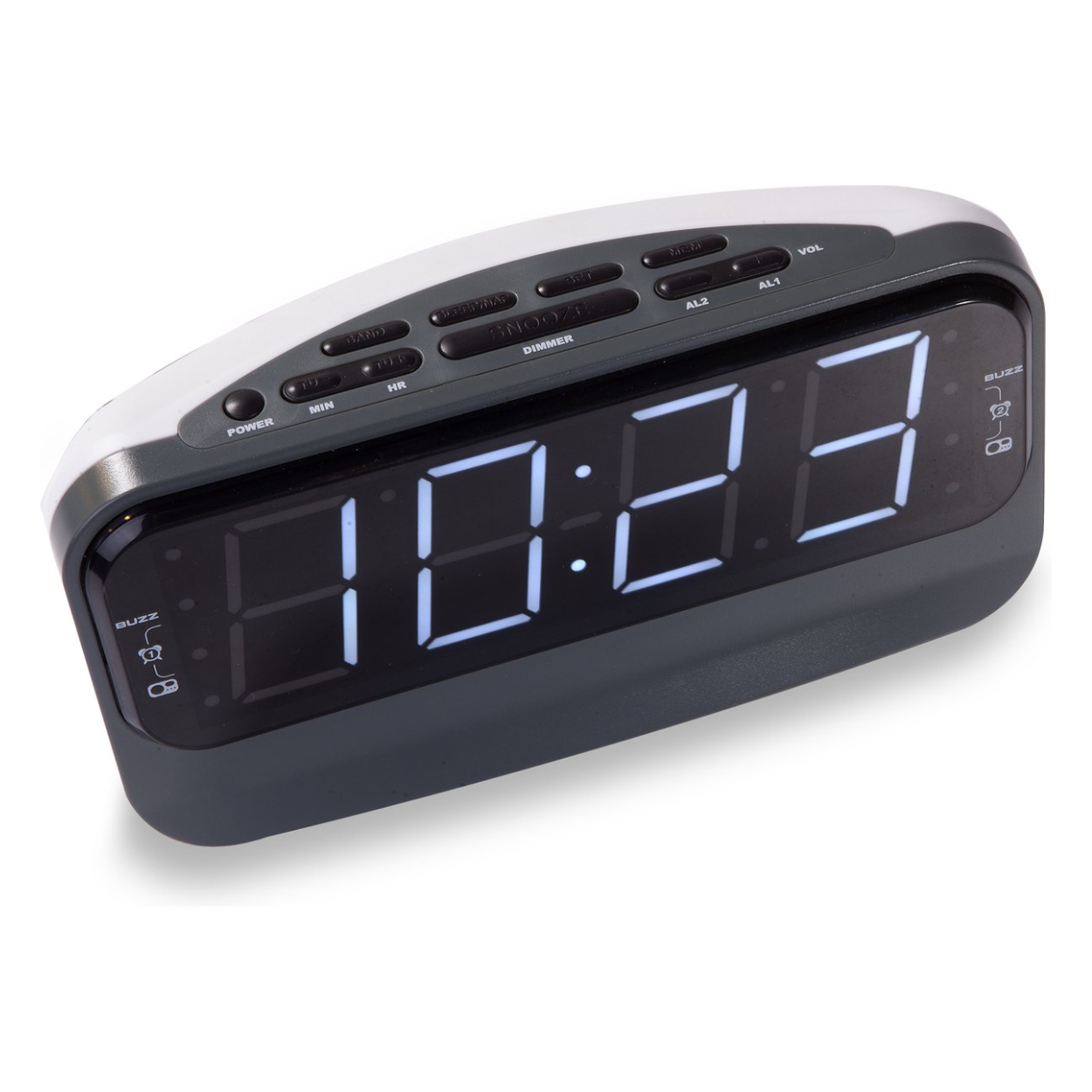 Digital alarm clock, gray and white, with large, illuminated numbers displaying 10:23. Buttons and controls visible.