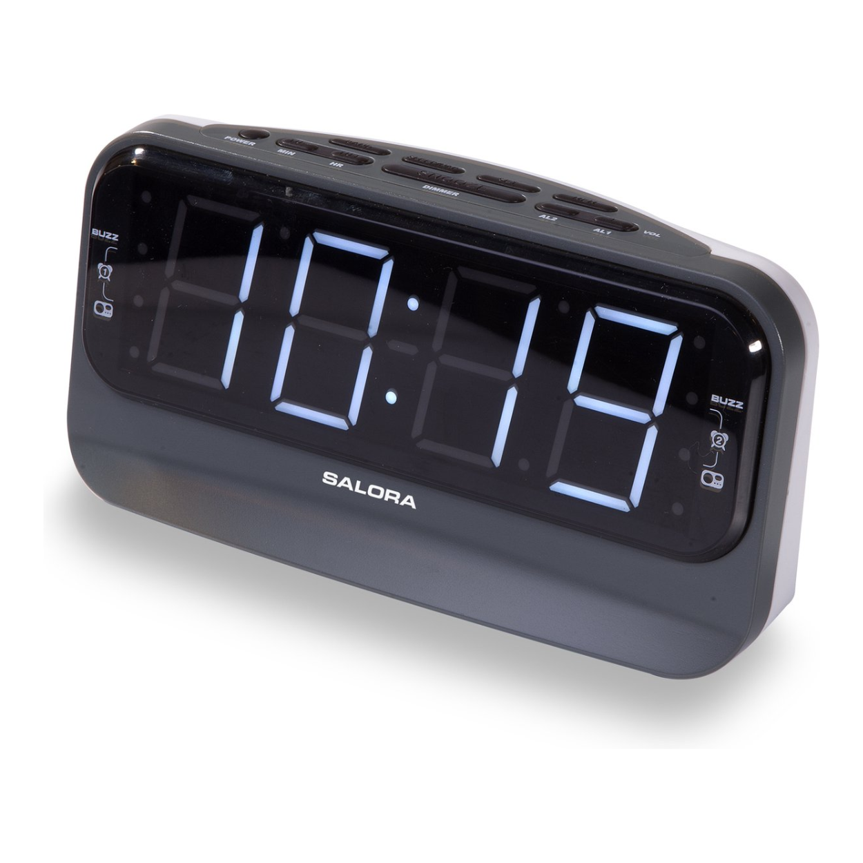 Grey digital alarm clock displaying 10:19, with buttons and SALORA logo.
