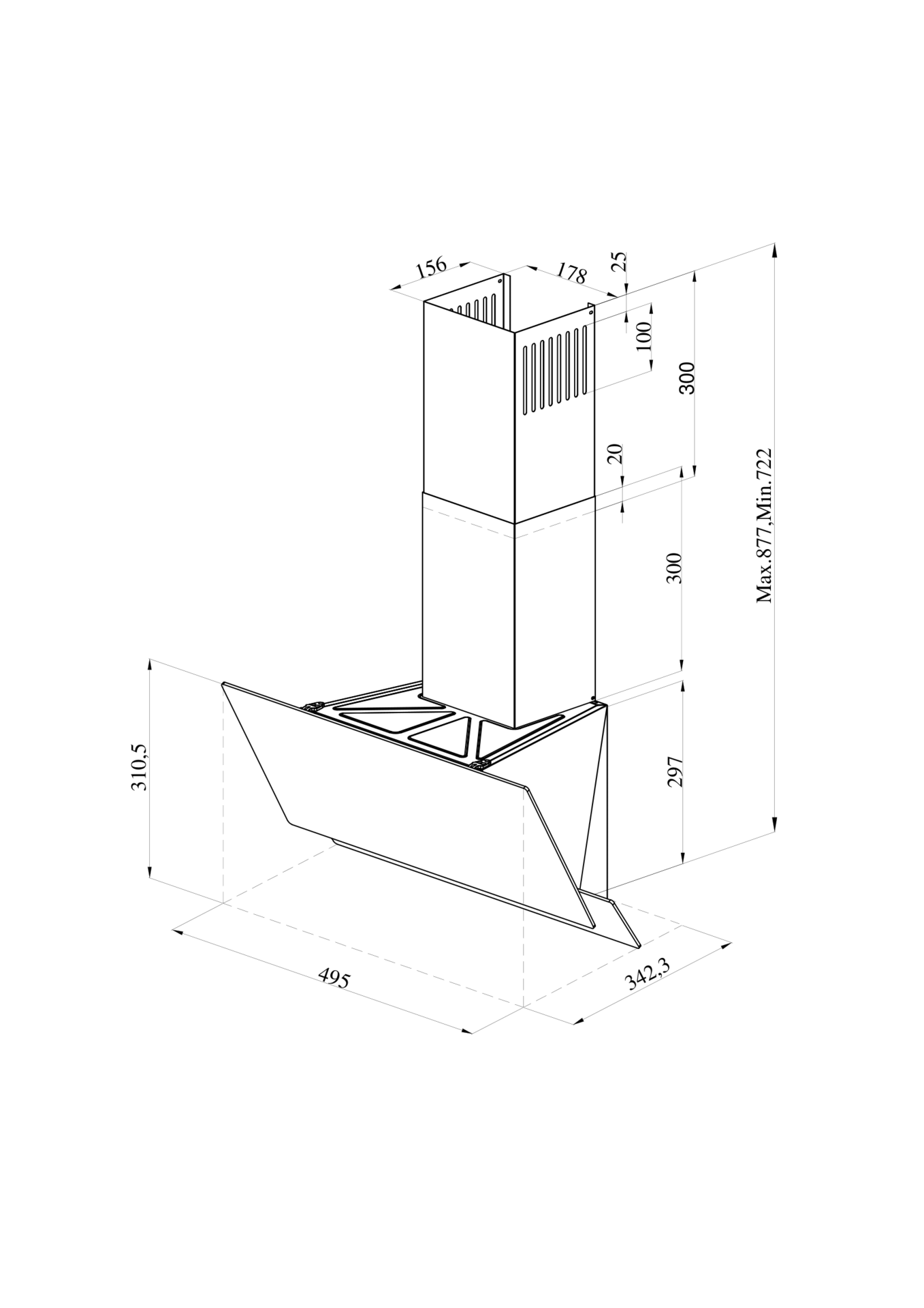 Technische tekening van een afzuigkap met afmetingen en hoeken op een witte achtergrond.