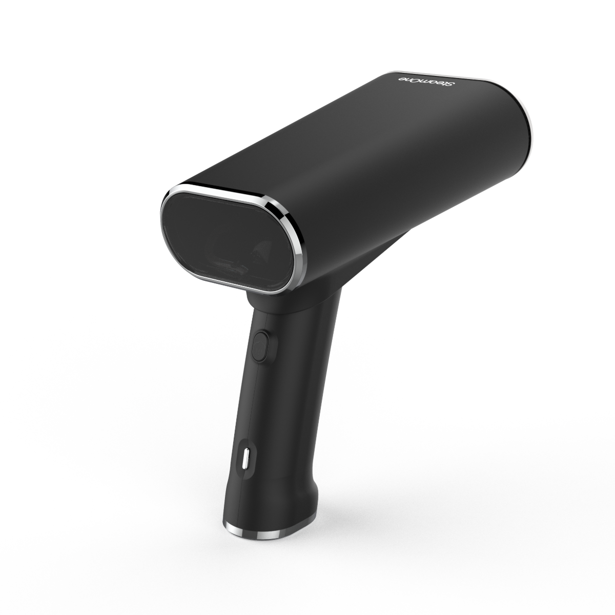 Scanner portable noir avec garniture argentée. Il a la forme d'un pistolet et une poignée.