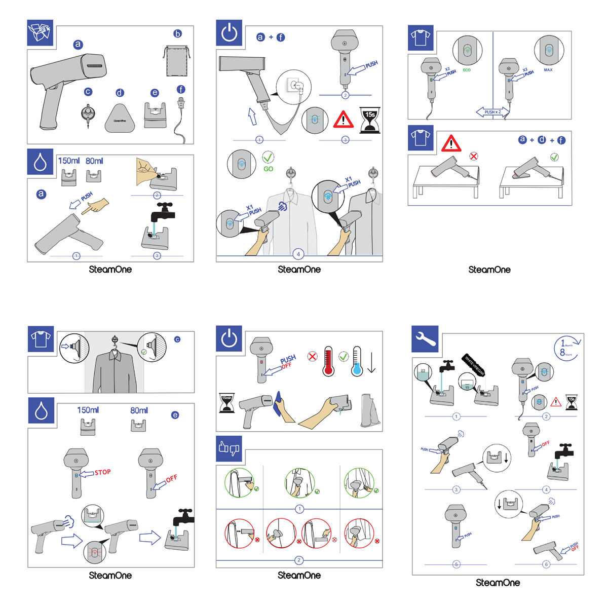 Diagrammes d'instructions pour un défroisseur SteamOne, montrant les étapes d'utilisation et les accessoires.