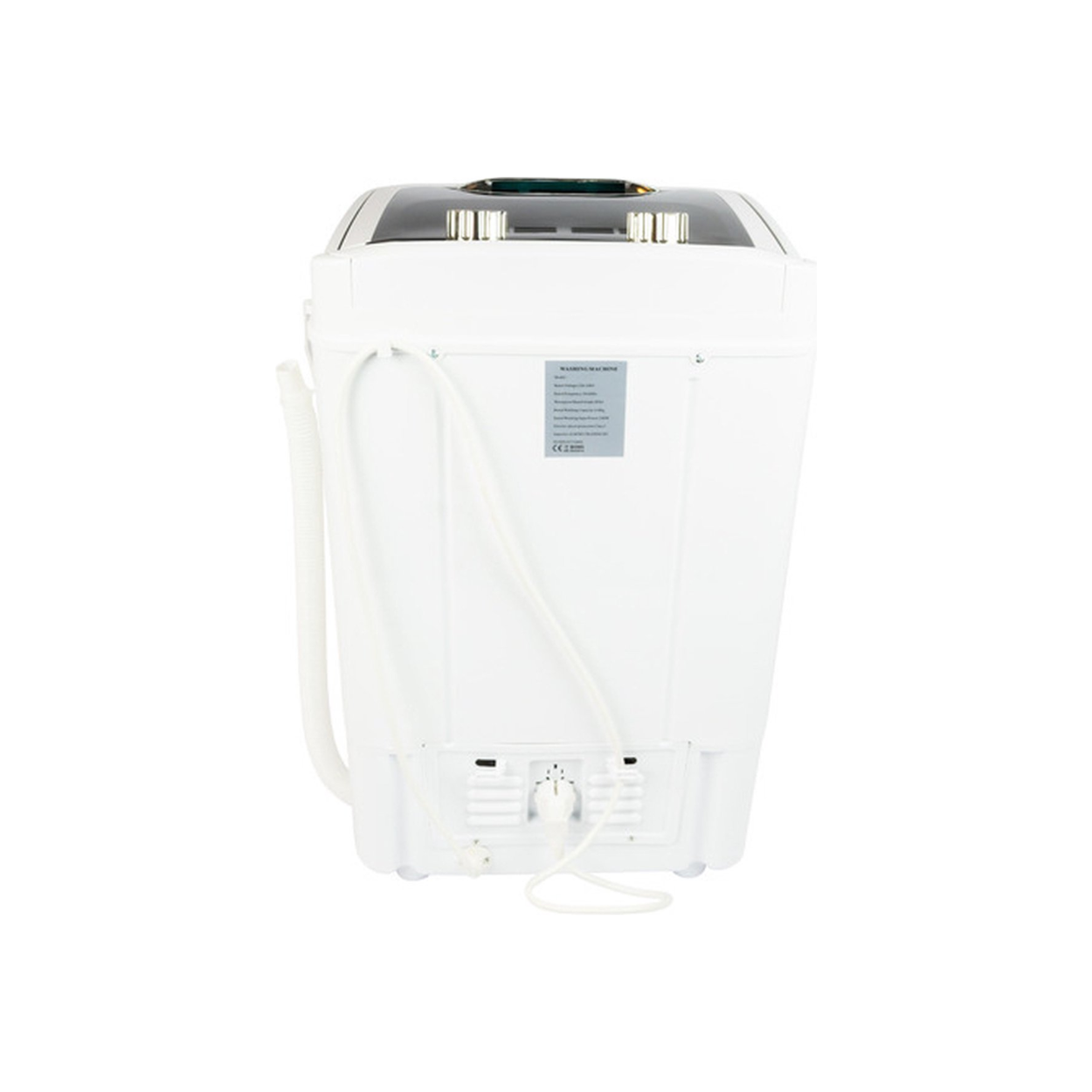 De achterkant van een witte wasmachine, met het netsnoer, de waterslangen en een bedieningspaneel.