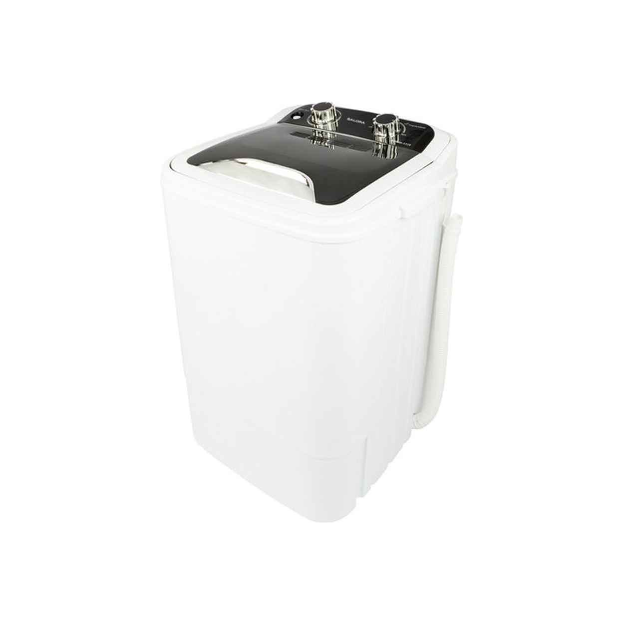 Een witte wasmachine met een zwart deksel, geïsoleerd op een witte achtergrond.