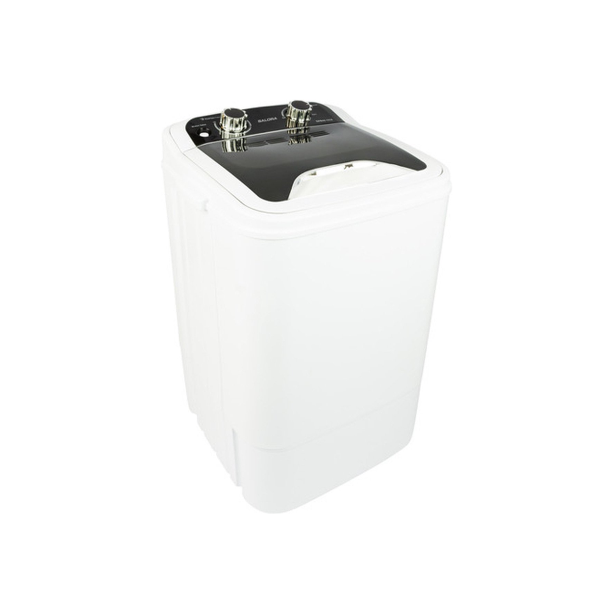 Witte draagbare wasmachine met zwart bovenstuk, schuine weergave op witte achtergrond.