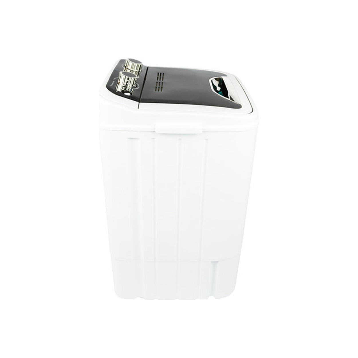 Wit-zwarte draagbare wasmachine, zijaanzicht, met bedieningspaneel.