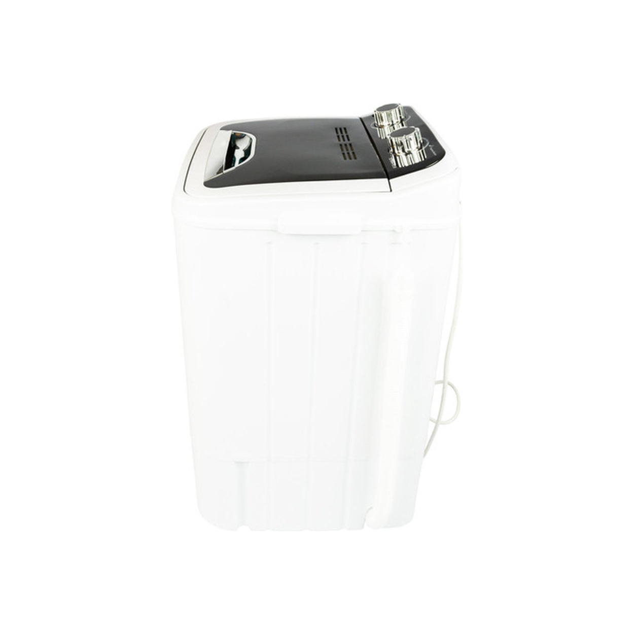 Witte wasmachine met zwarte bovenkant. De wasmachine heeft een bedieningspaneel aan de zijkant.