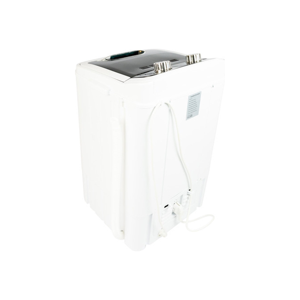 Witte draagbare wasmachine, achteraanzicht, met bediening en slangen zichtbaar.