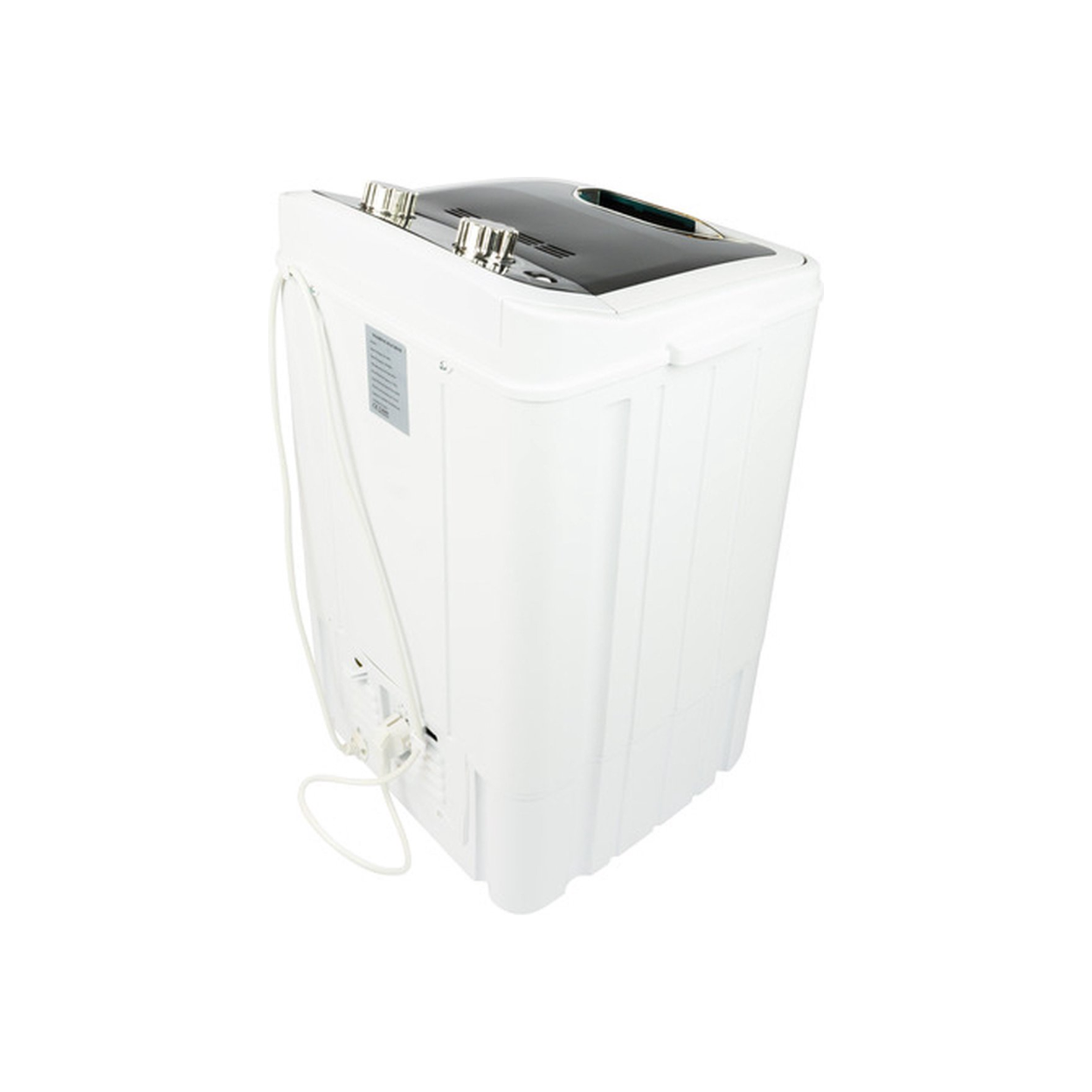 Een witte wasmachine, zijaanzicht. De bovenkant heeft een zwart, transparant deksel.
