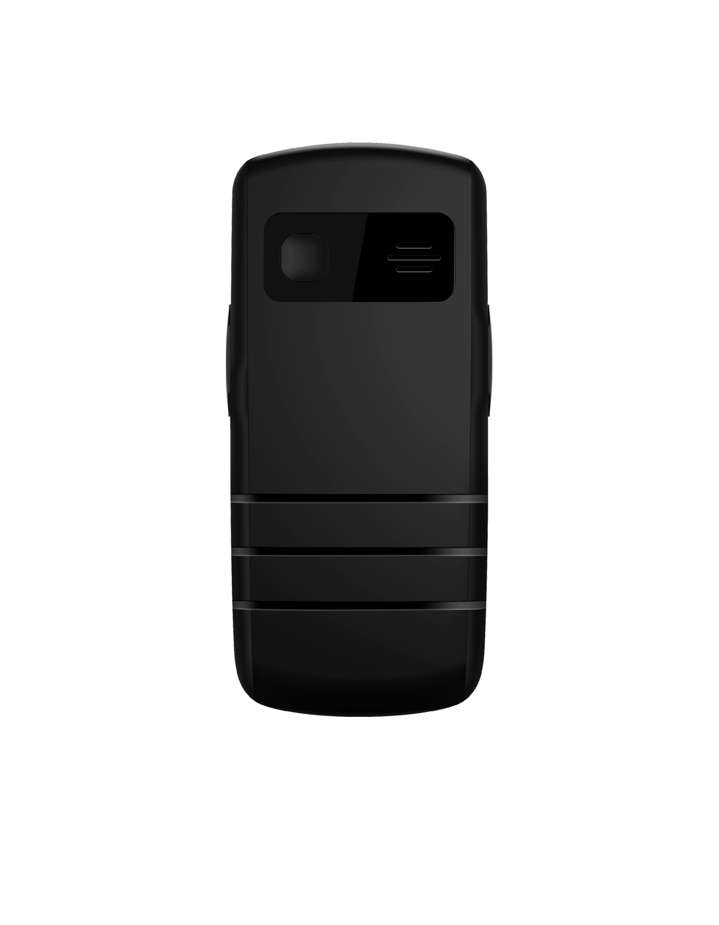 Een zwarte mobiele telefoon, achterkant, met een klein scherm en een reeks horizontale lijnen aan de onderkant.
