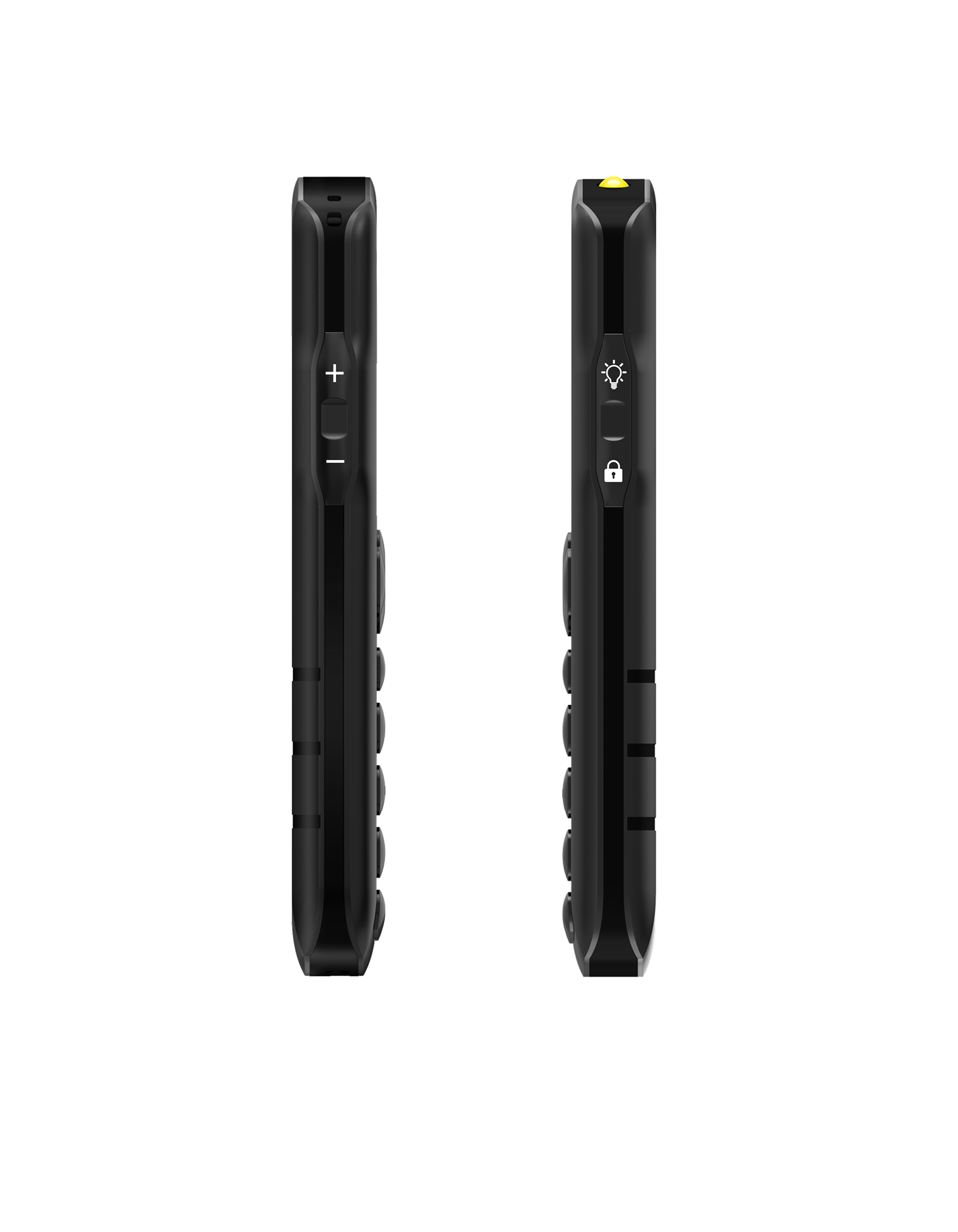 Twee zwarte mobiele telefoons, zijaanzicht, met knoppen en een lichtindicator, tegen een zwarte achtergrond.