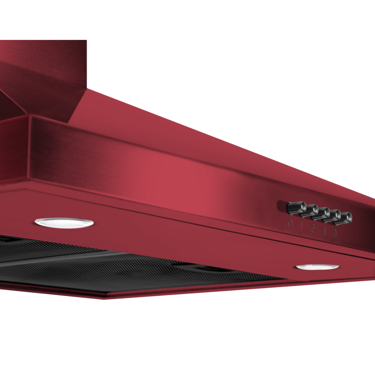 A red range hood with lights and control knobs. It is mounted on a black background.