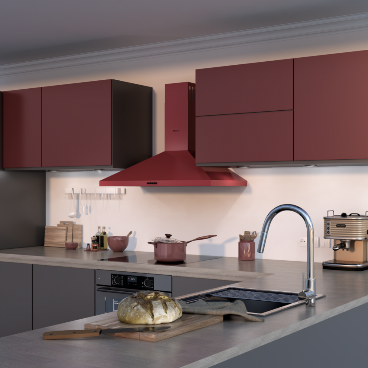Kitchen with red cabinets, stainless steel faucet, and bread on a cutting board.