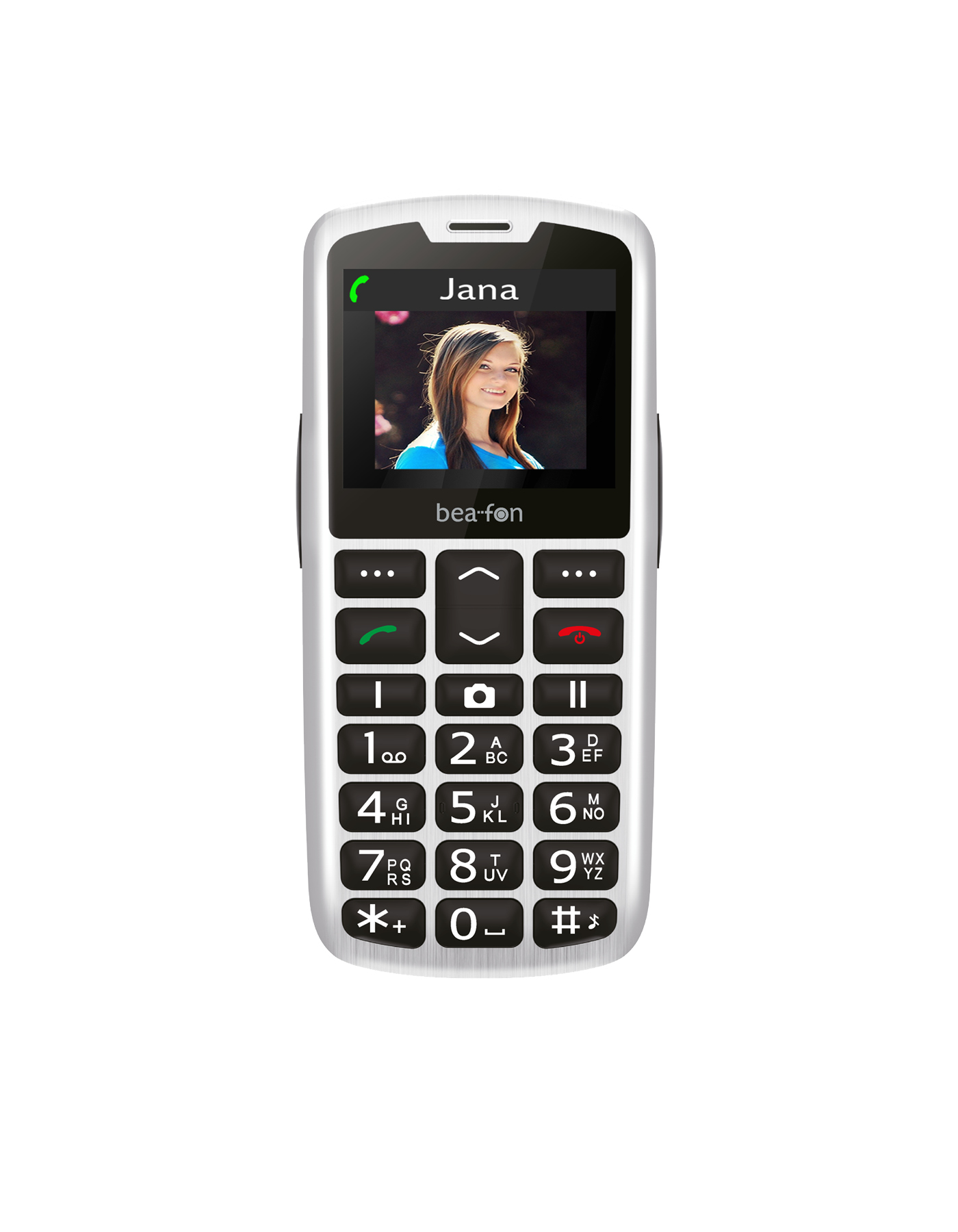 Un téléphone portable blanc et argenté avec de gros boutons. Une photo d'une femme s'affiche.