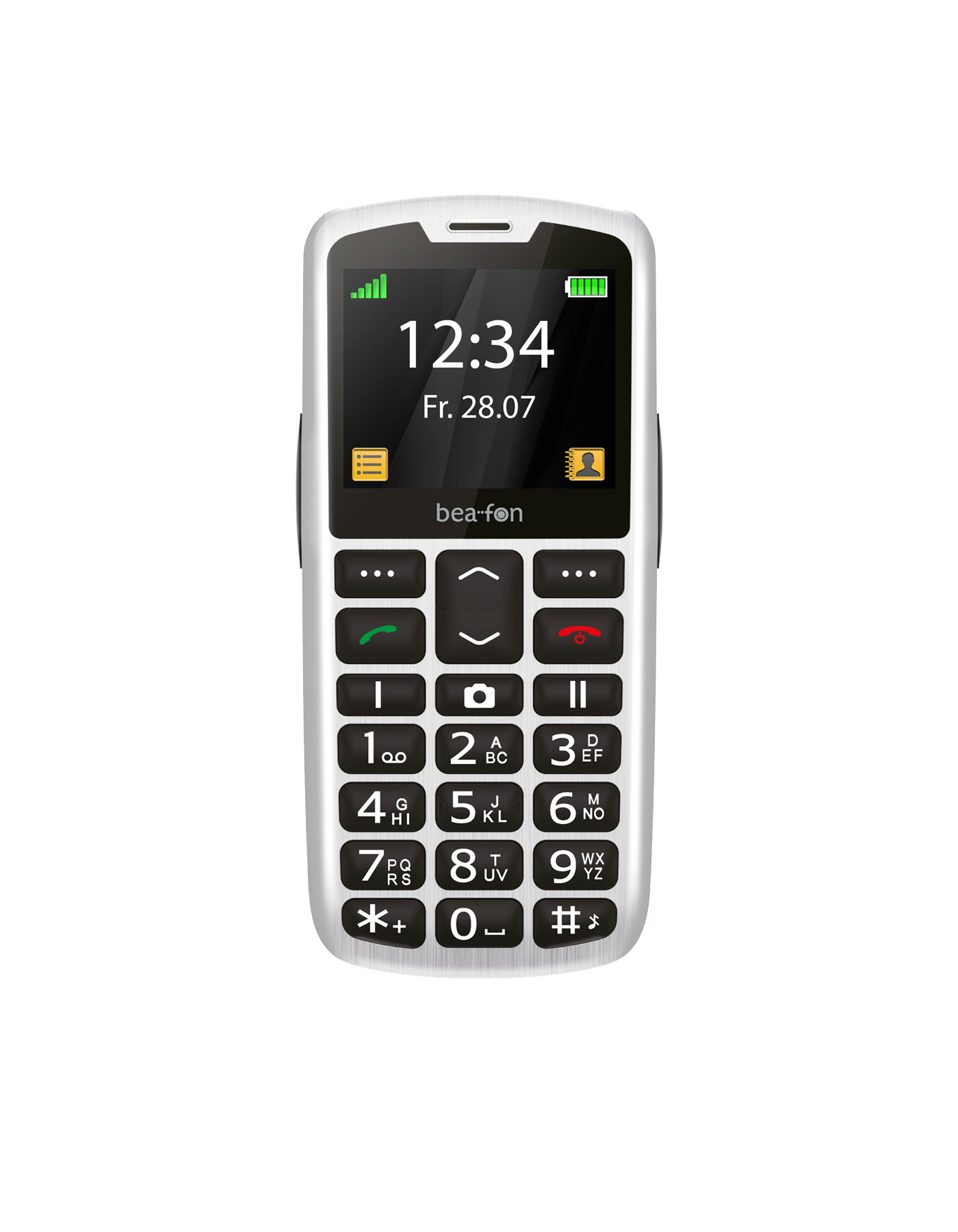 Un téléphone portable bea-fon argenté avec de gros boutons et un écran affichant l'heure et la date.