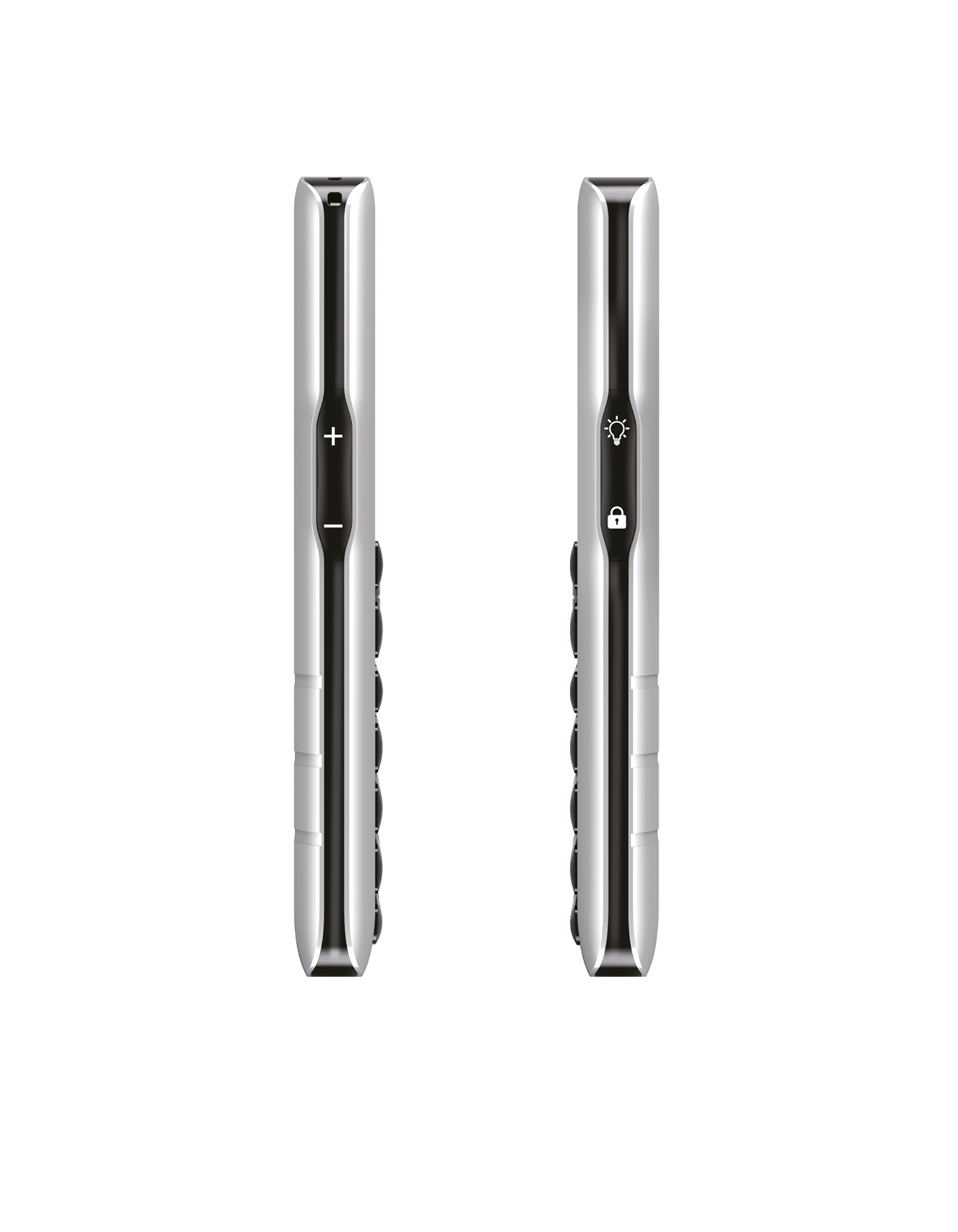 Deux téléphones argentés, côte à côte. L'un affiche des commandes de volume, l'autre une ampoule.
