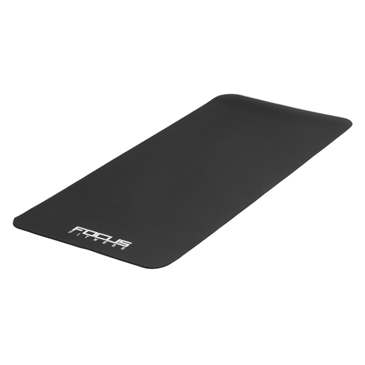 Tapis de fitness rectangulaire noir Focus. Le tapis est posé sur une surface blanche.