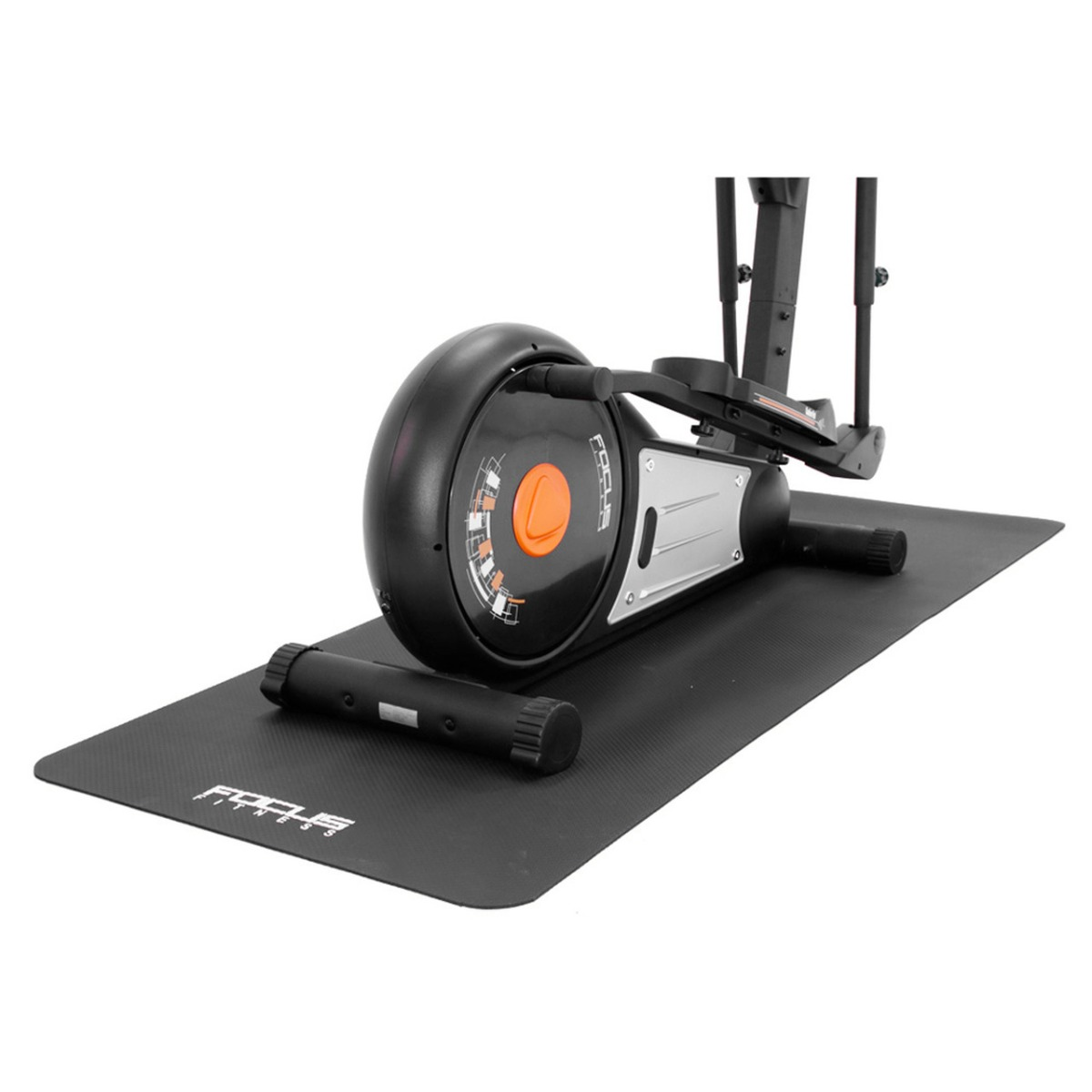Elliptical trainer on a black mat.  Black and orange details.