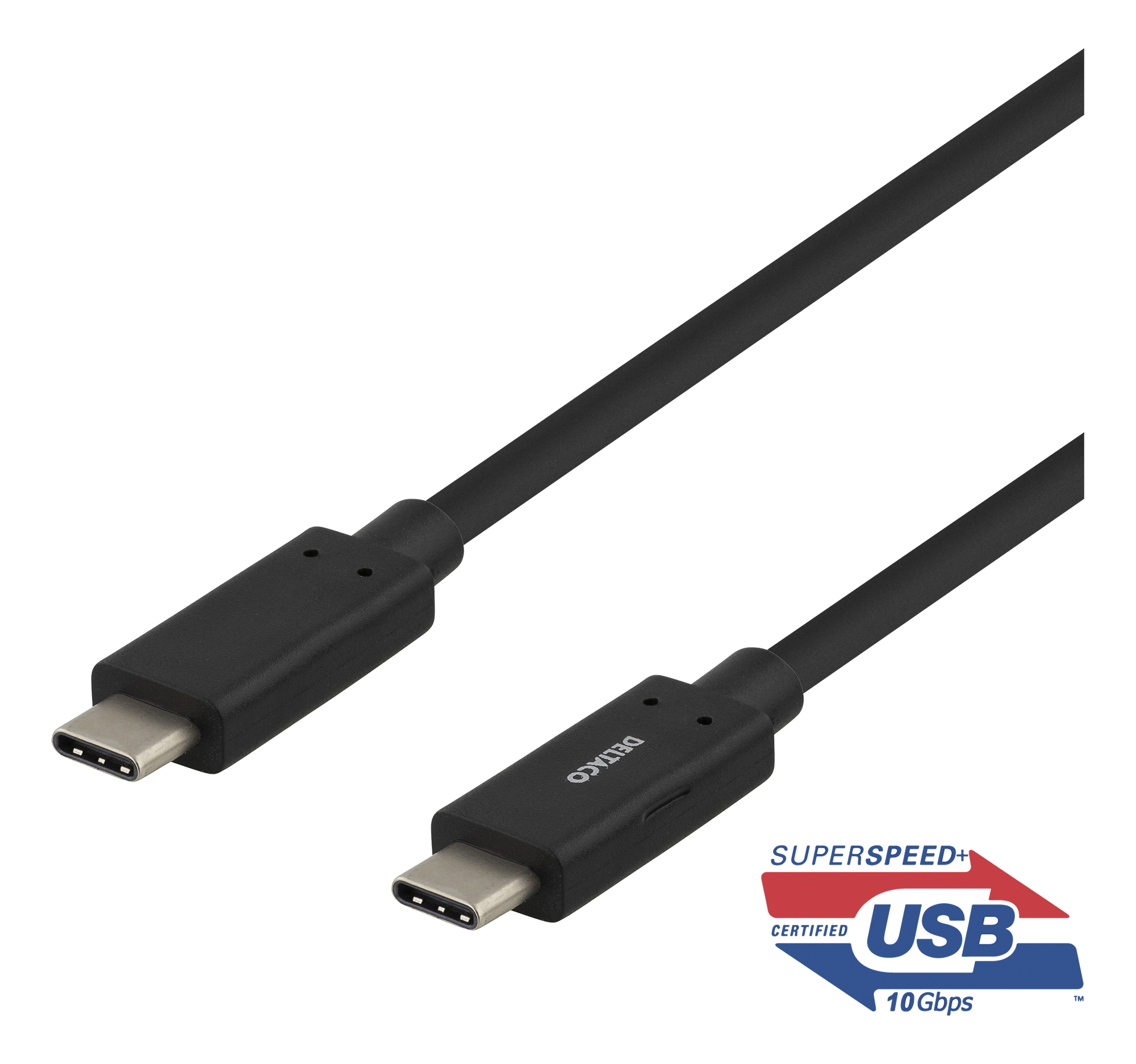 Zwarte USB-C-kabel met USB-C-connectoren op een witte achtergrond.