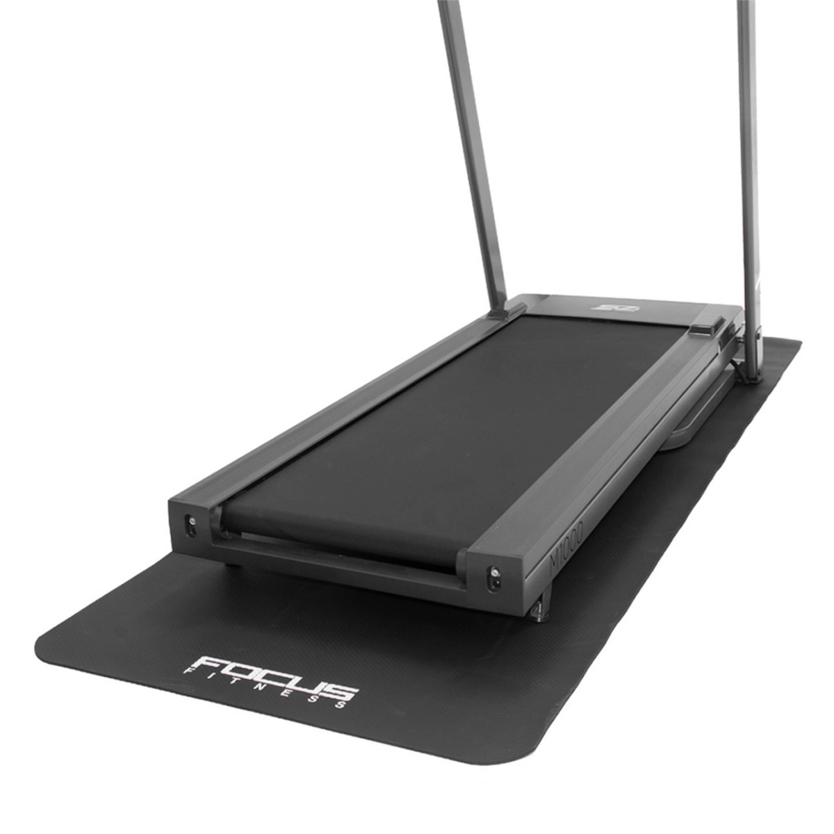 A black treadmill on a black mat. The treadmill has an incline and a display screen.