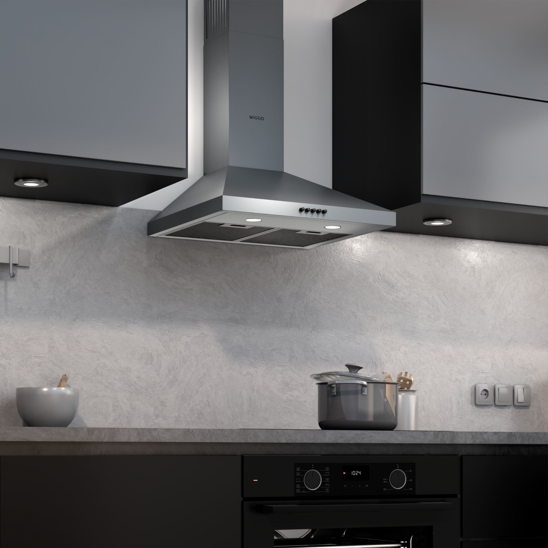 Scène de cuisine avec une hotte aspirante en acier inoxydable au-dessus d'une cuisinière, des armoires et autres éléments.