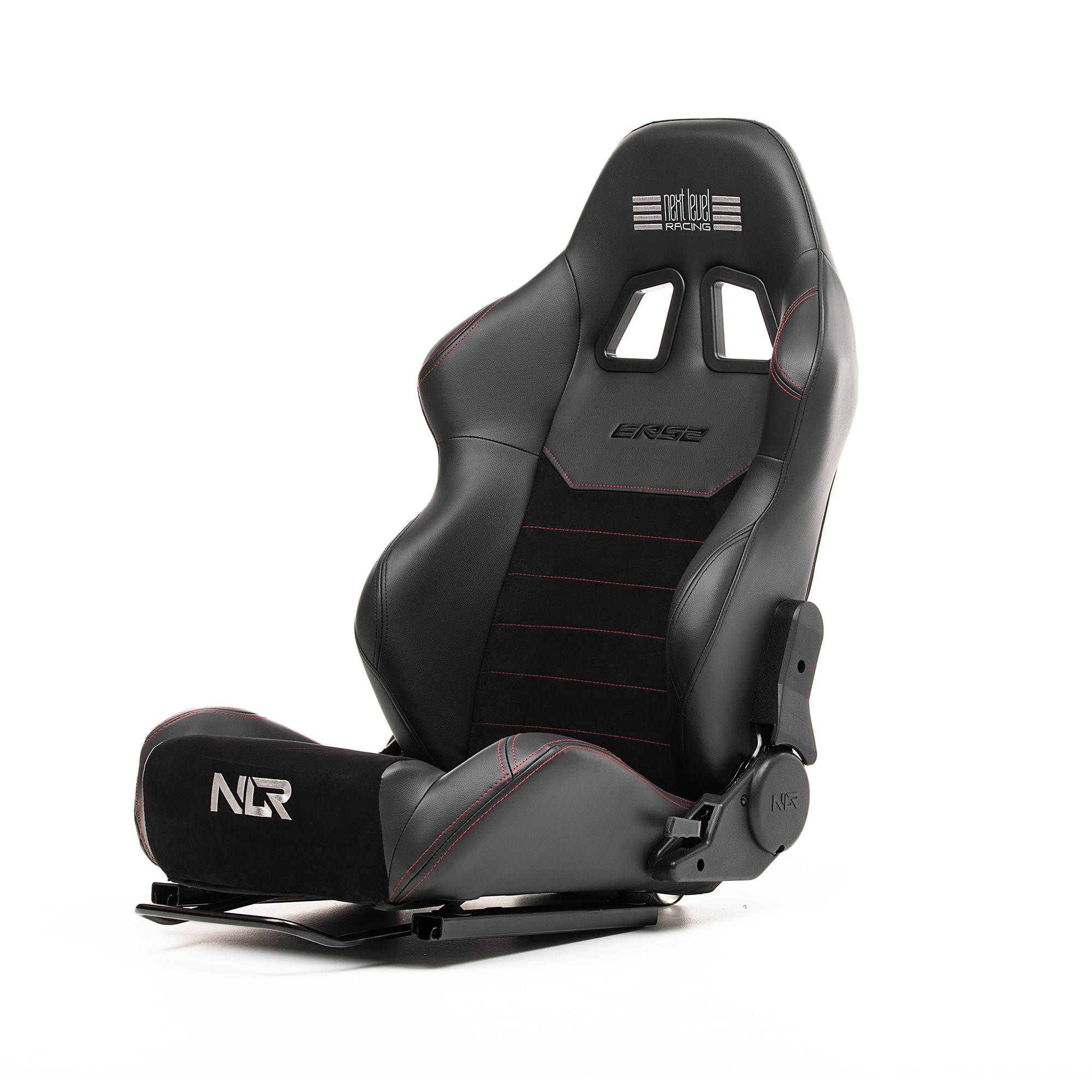 Asiento de carreras negro y rojo con el logotipo de Next Level Racing. Fondo blanco.