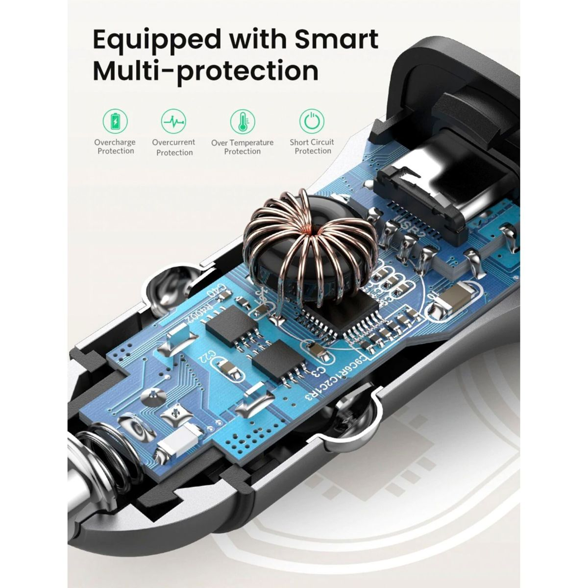 Ładowarka samochodowa z ikonami przeładowania, przetężenia, przegrzania i ochrony przed zwarciem. Niebieska płytka drukowana.