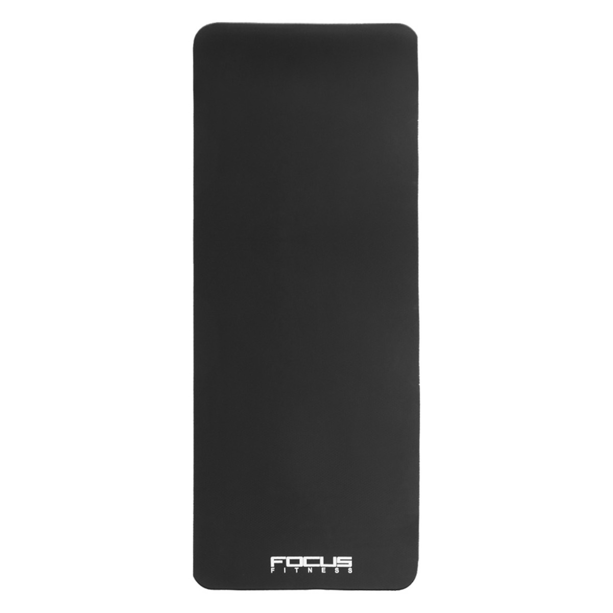 Tapis de yoga rectangulaire noir avec logo blanc.