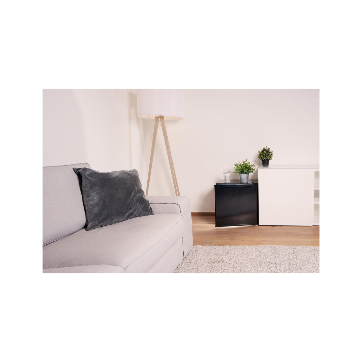 Woonkamerscène met een bank, lamp, bijzettafel en planten.