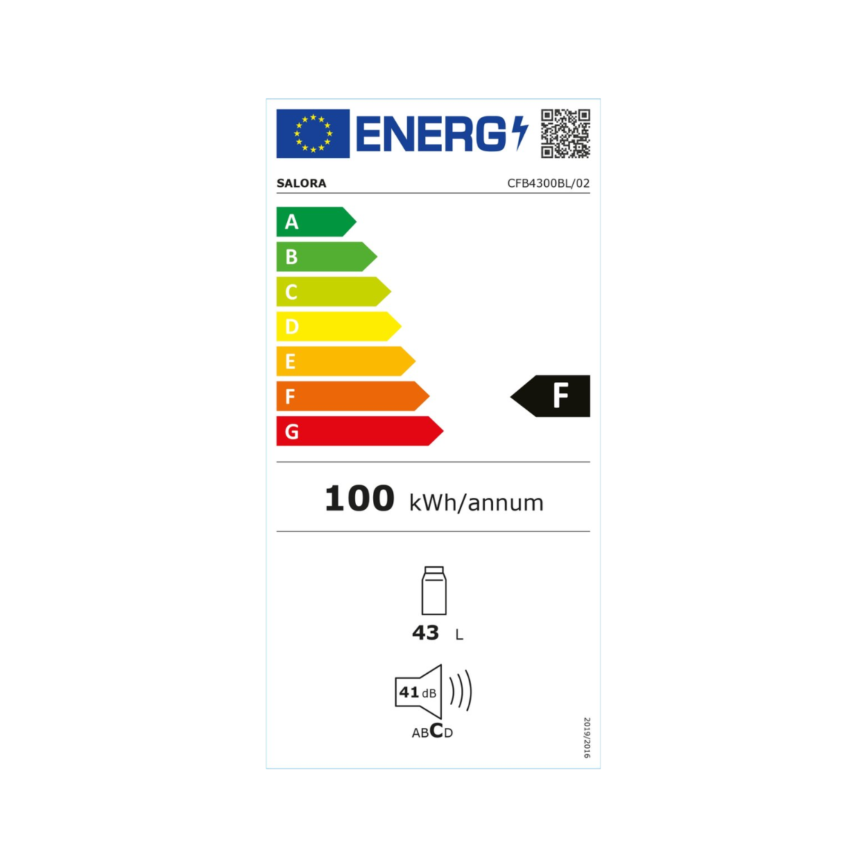 Energielabel met beoordelingen voor een koelkast, met een 'F'-classificatie en verbruiksdetails.