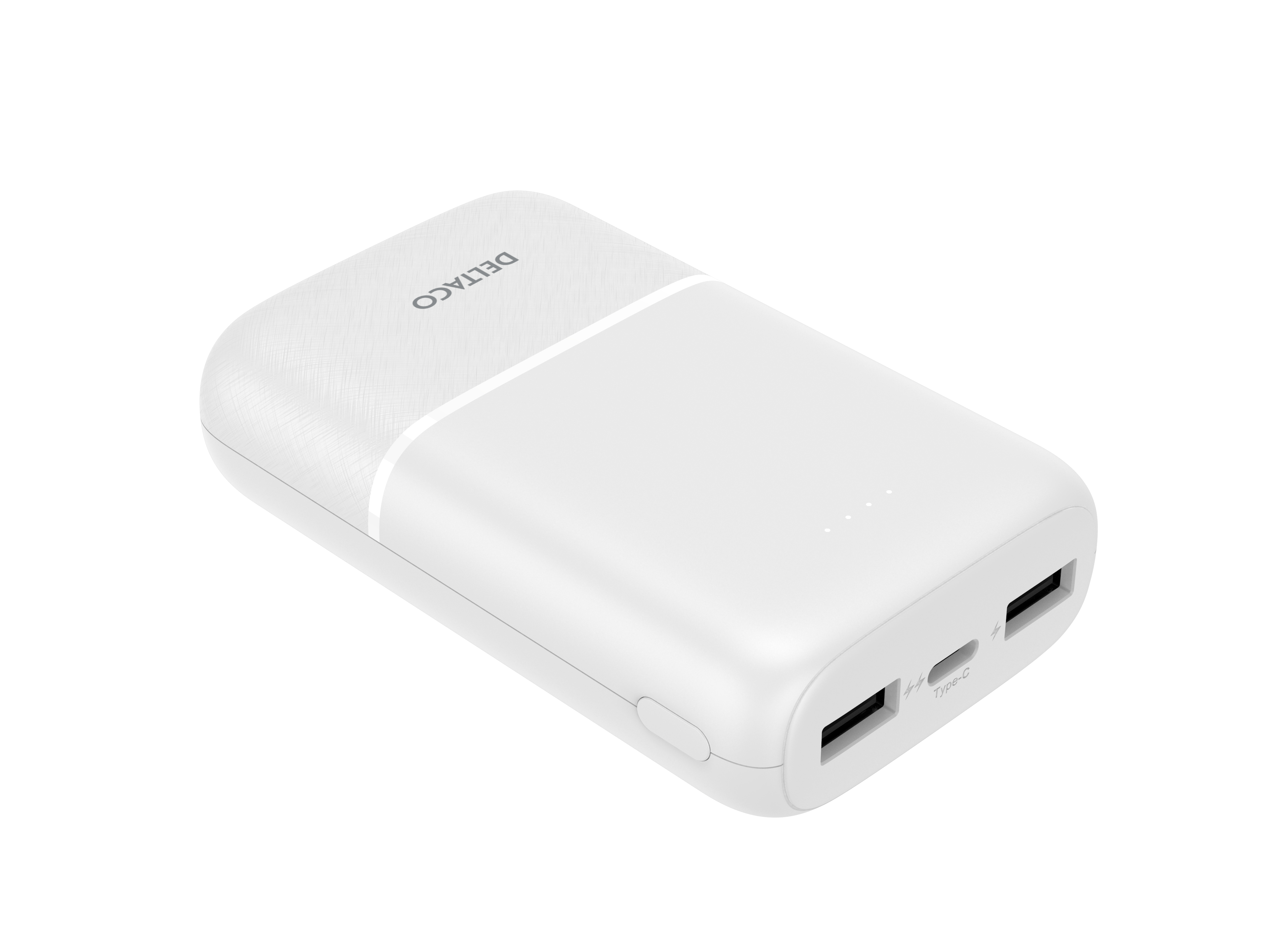 Power bank bianca e grigia con due porte.