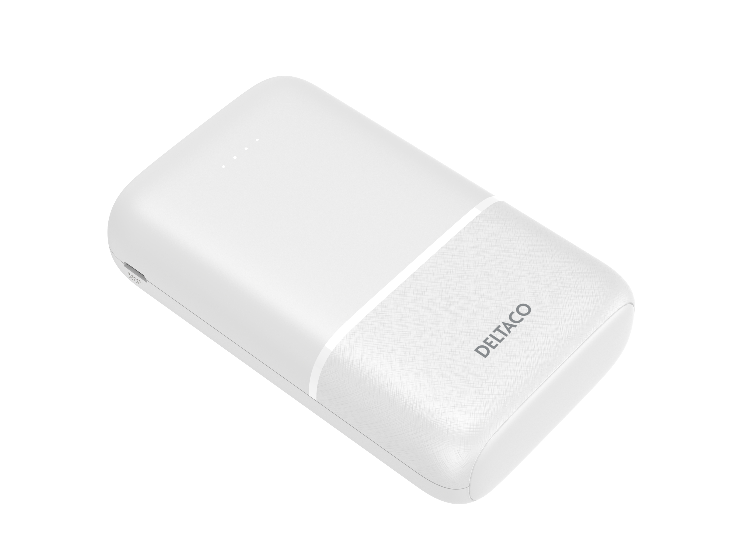 Power bank portatile bianca con un design bianco e grigio. Logo DELTACO.