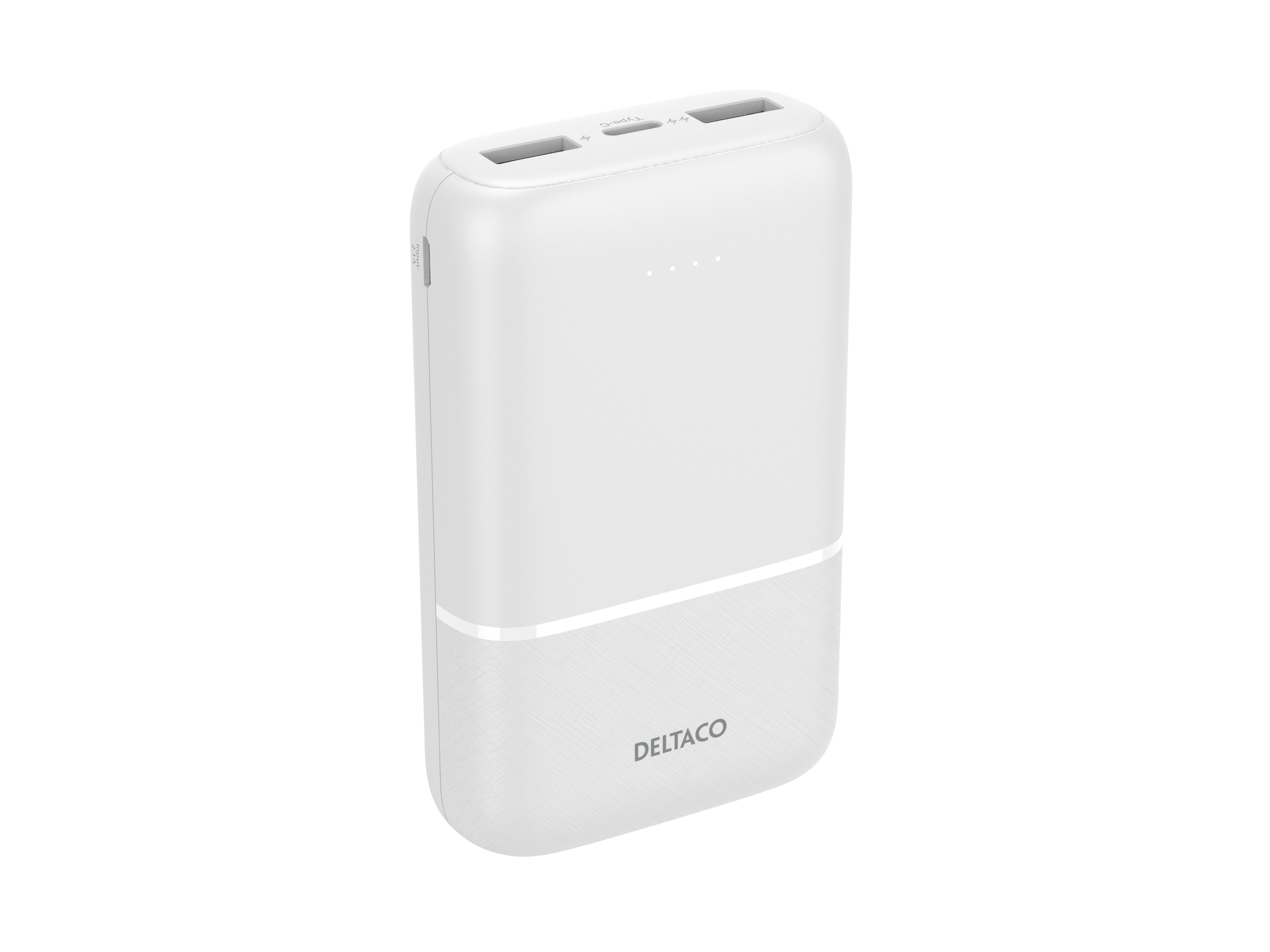 Power bank bianca con due porte USB e logo DELTACO.